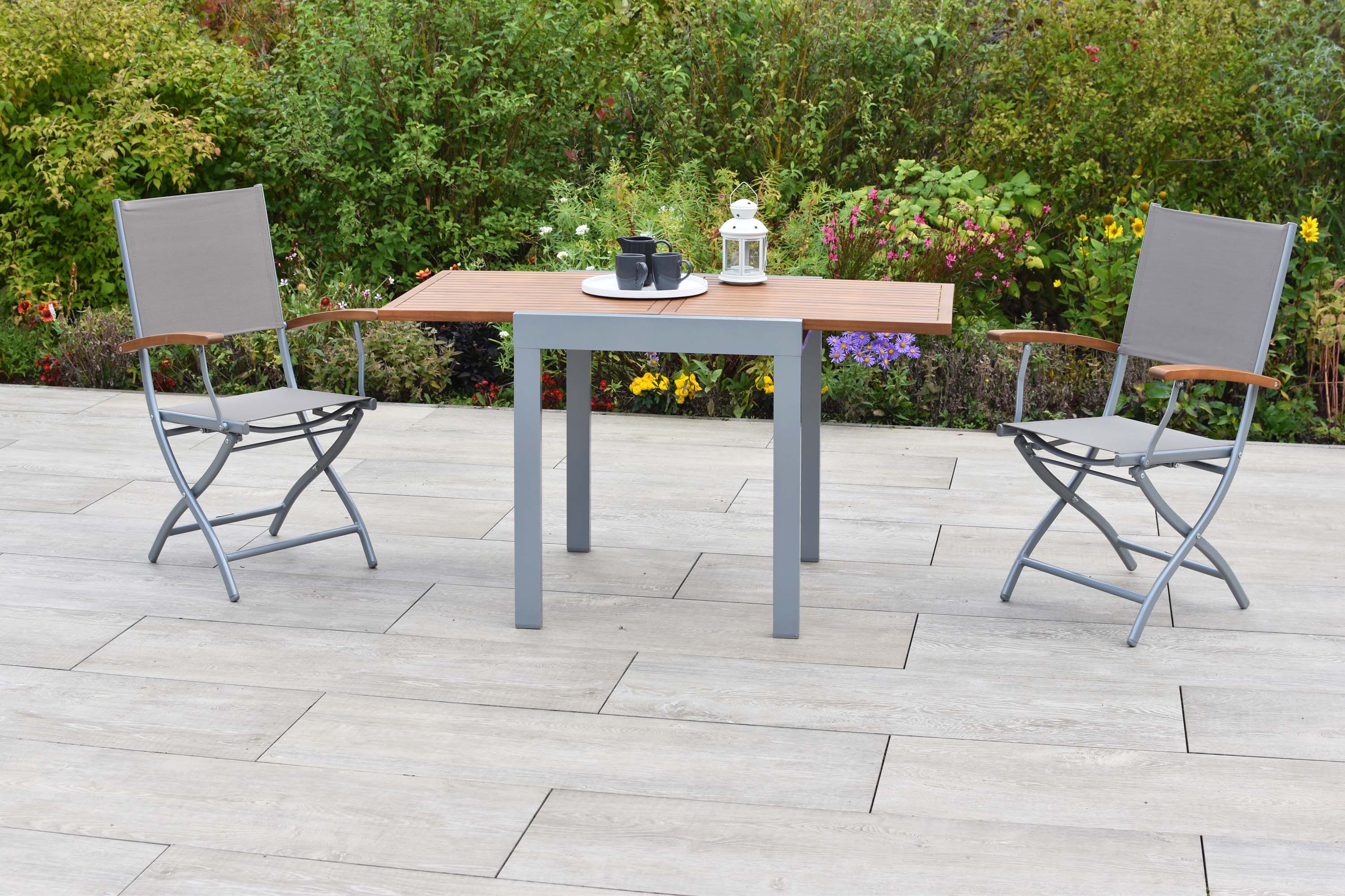 Naxos Set 3tlg., 2 Klappsessel, Balkonausziehtisch 65 (130) x 65 cm, silber