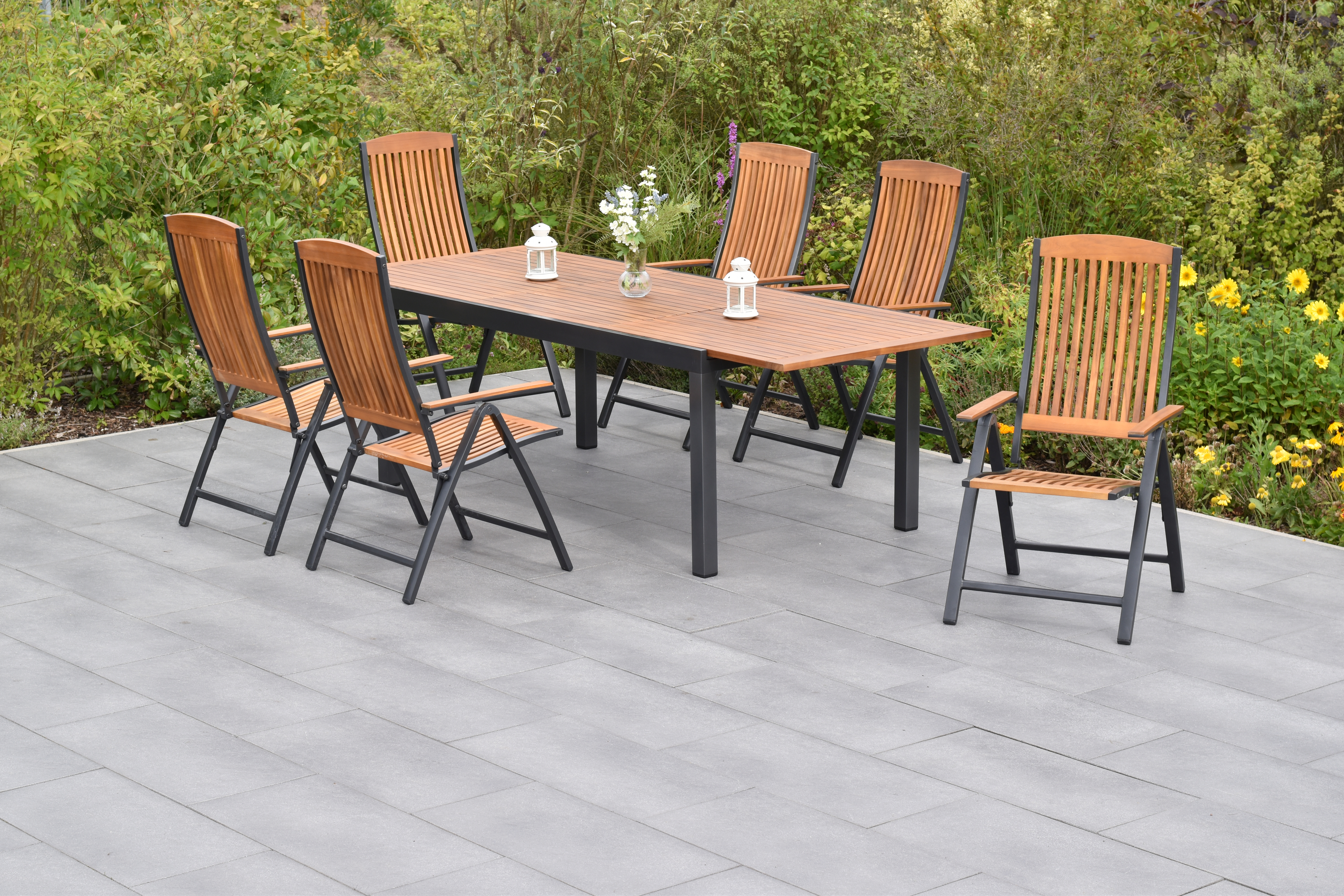 50837-217-2 Athos Set, 7tlg., 6 Klappsessel, Ausziehtisch 180/250 x 100 cm