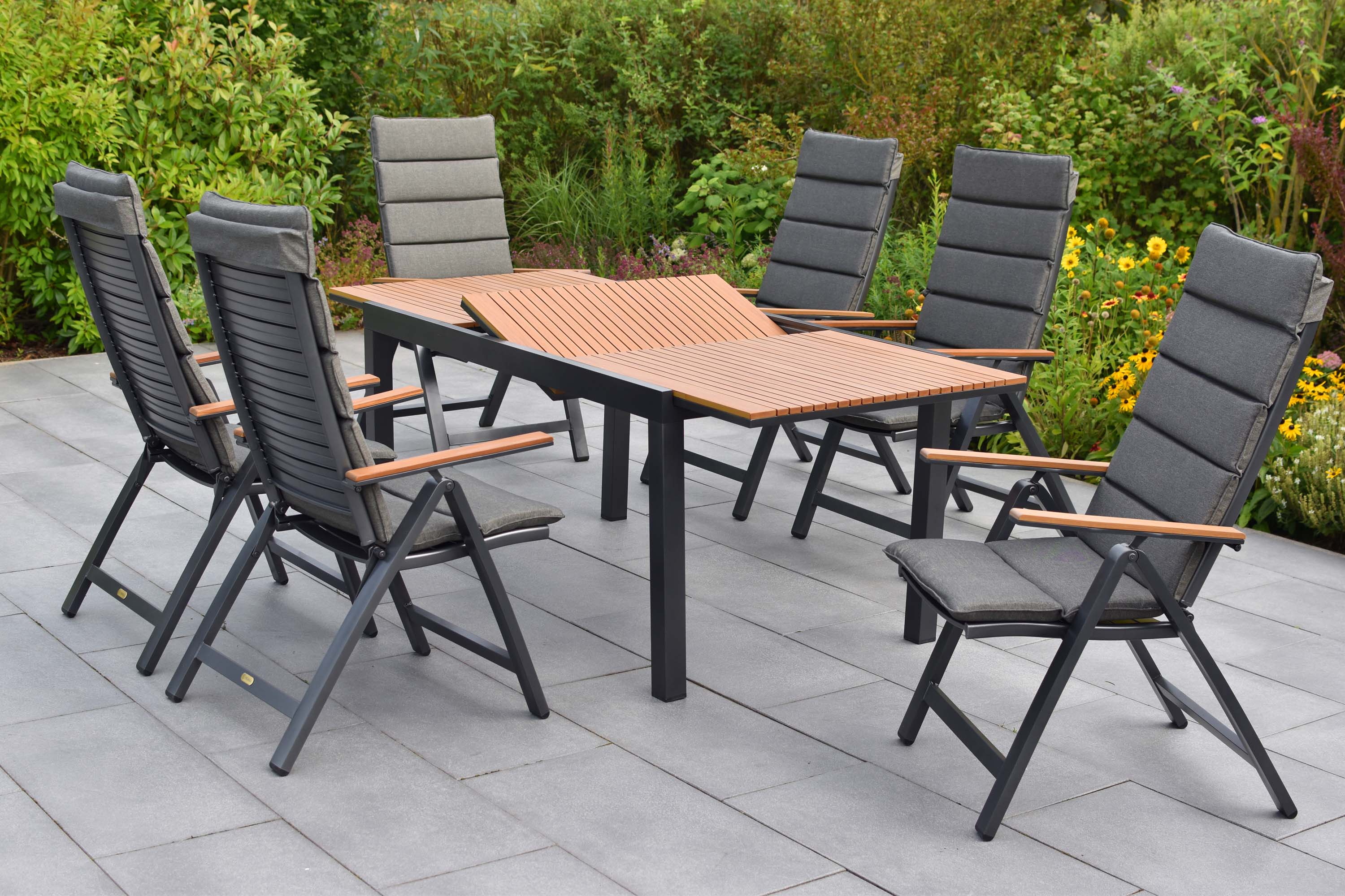 Astros Set 13tlg., 6 Klappsessel, Ausziehtisch, 150 (200) x 90 cm, inkl. Kissen