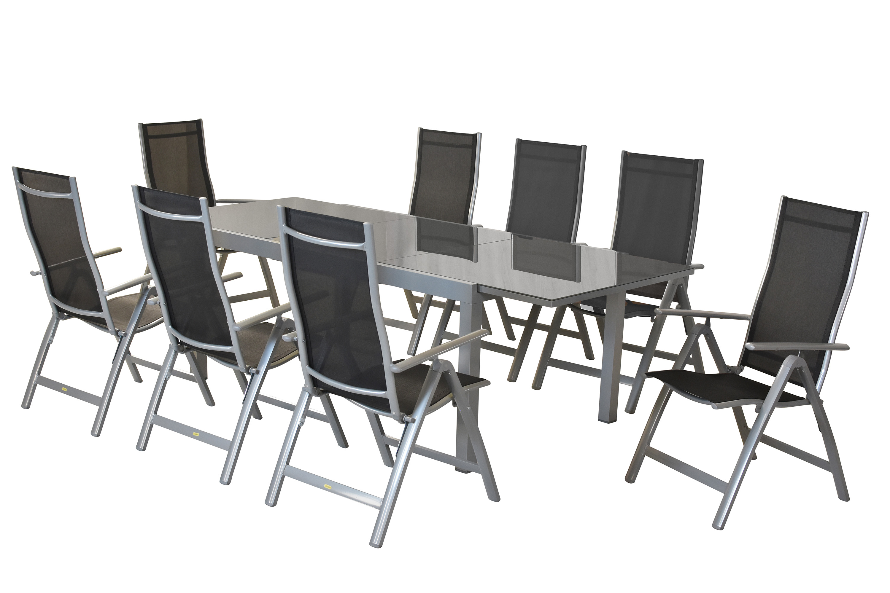 Carrara Set 9tlg., 8 Klappsessel, Ausziehtisch 150 (220) x 90 cm, schwarz