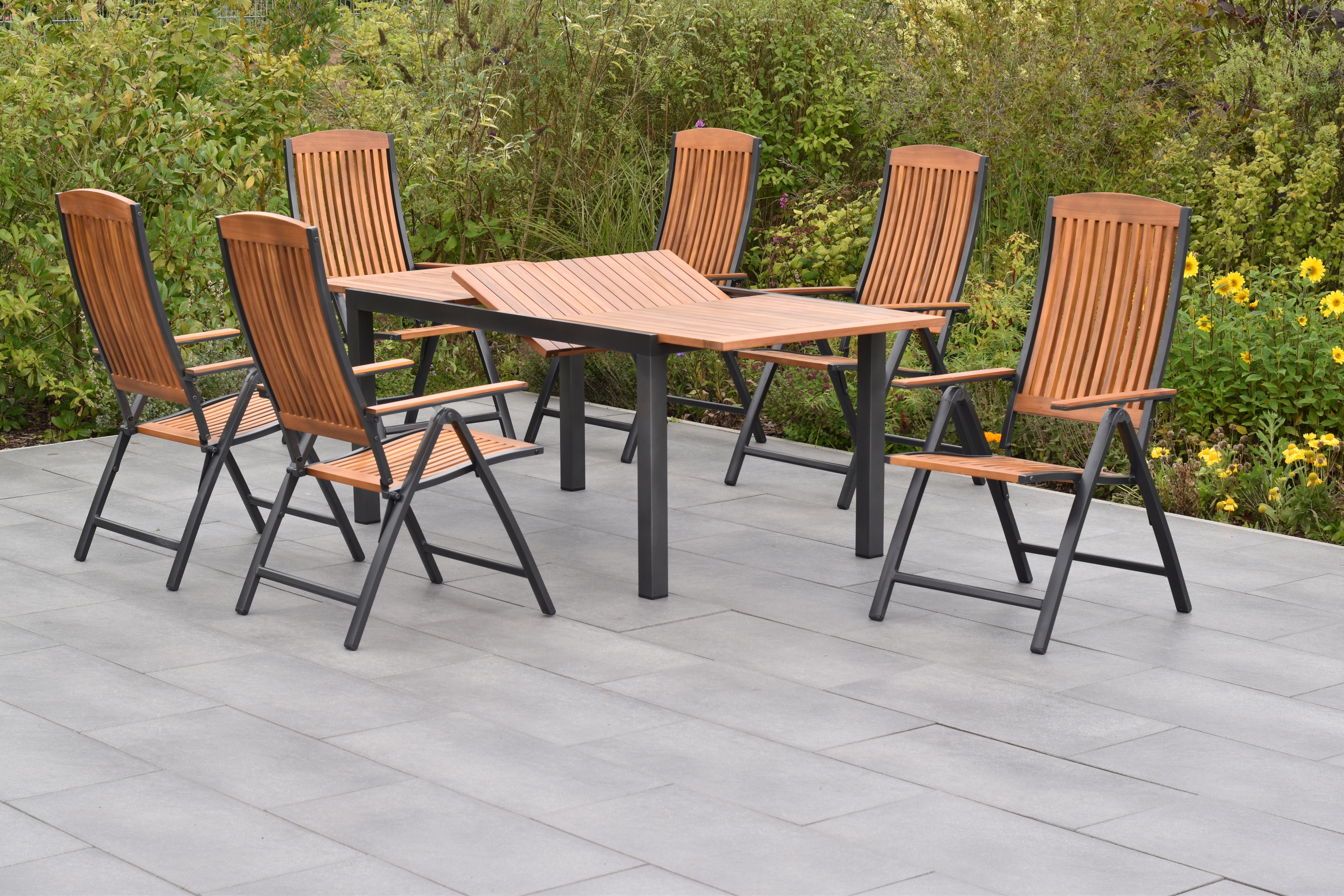 50835-217-3 Athos Set, 7tlg., 6 Klappsessel, Ausziehtisch 150/200 x 90 cm