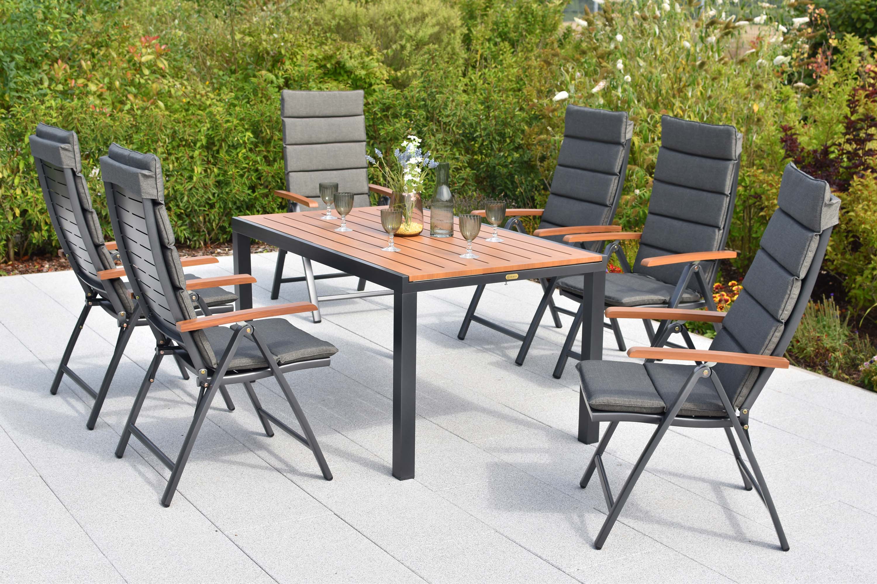 Tinos Set 13tlg., 6 Klappsessel, Ausziehtisch 150 (200) x 90 cm, inkl. Kissen