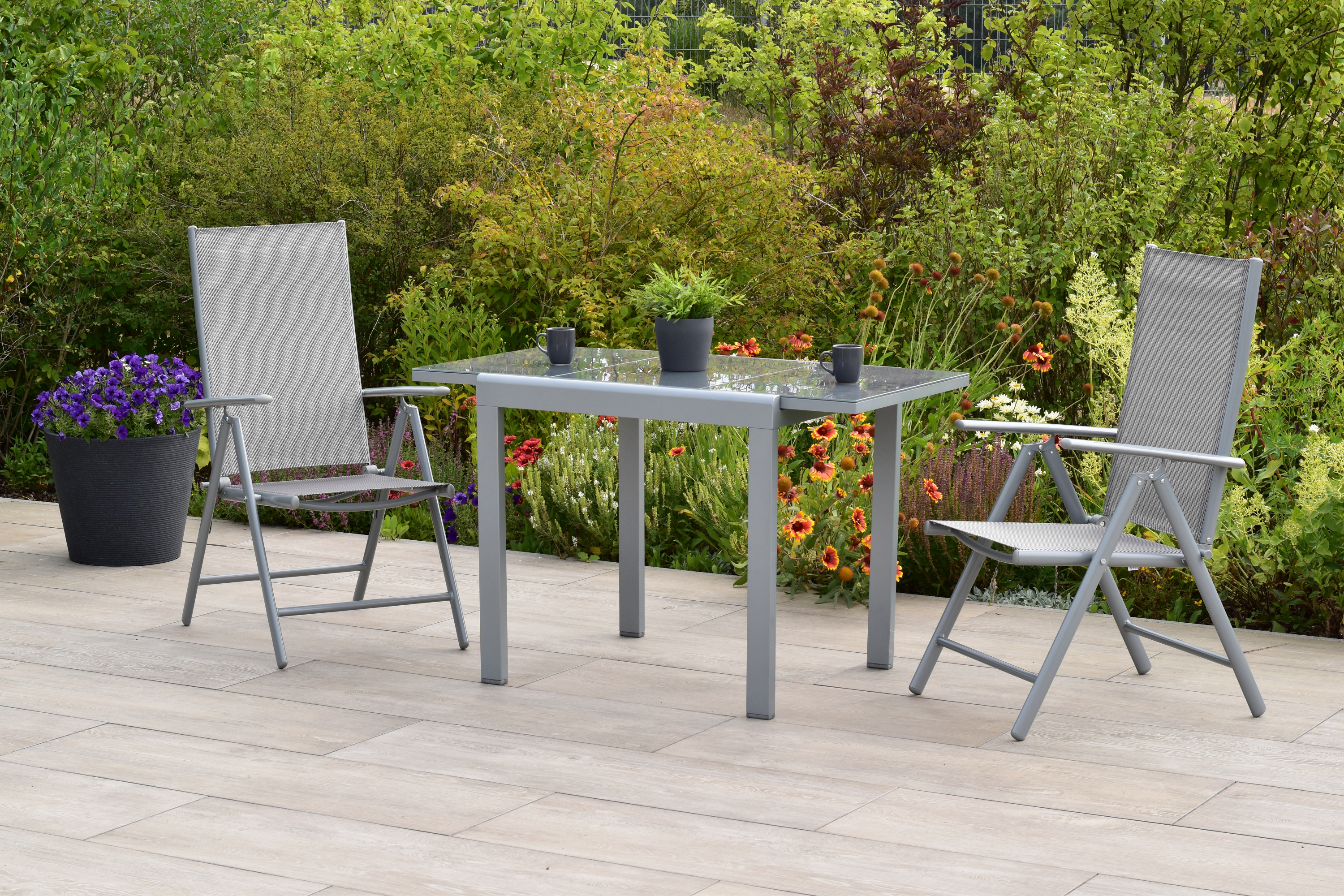 50877-330-2 Amalfi Set, 3tlg., 2 Klappsessel, Ausziehtisch 80/120 x 70 cm, diamantbraun