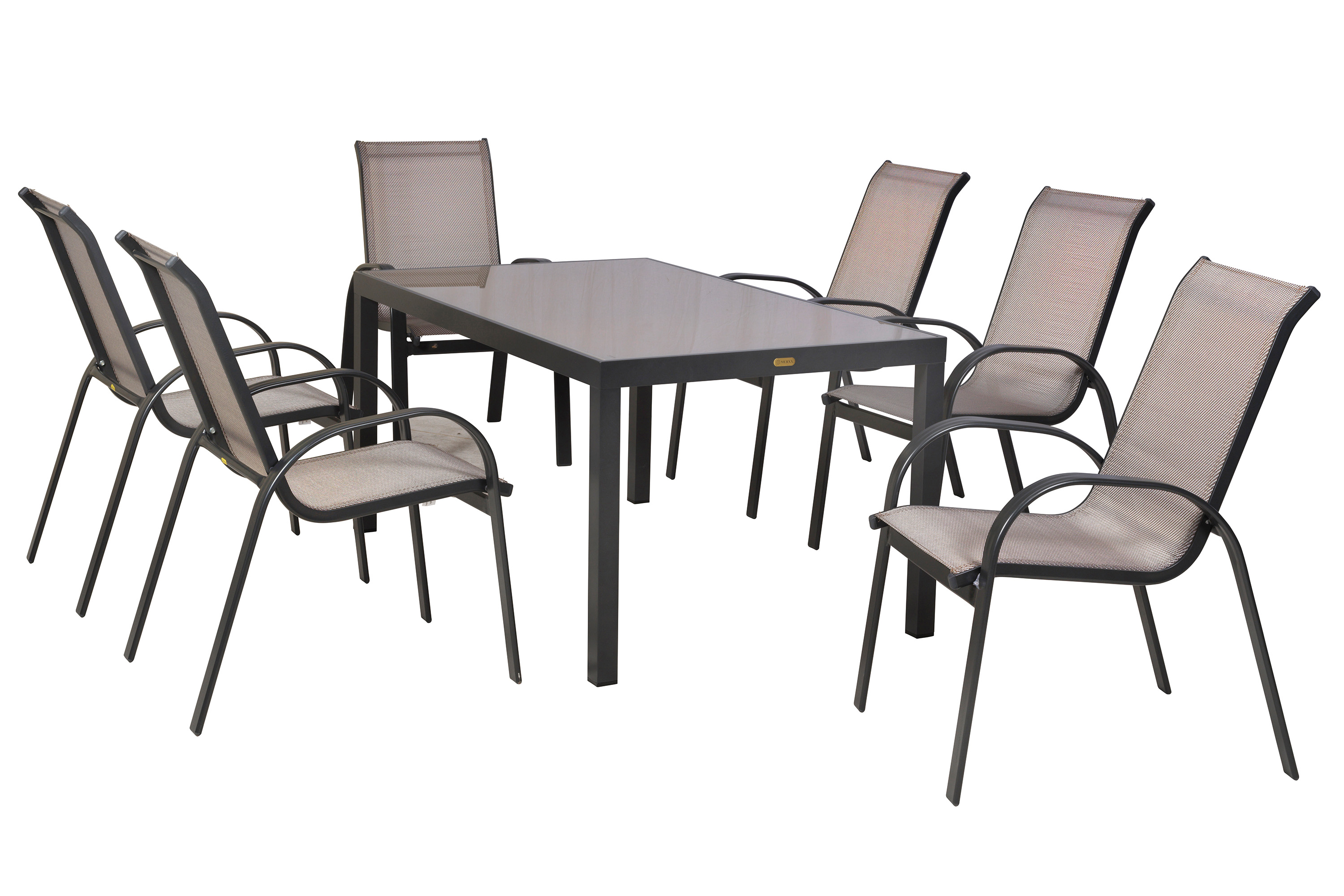 Amalfi Set 7tlg., 6 Stapelsessel, Tisch 150 x 90 cm, diamantbraun Amalfi Set 7tlg., 6 Stapelsessel, Tisch 150 x 90 cm, diamantbraun