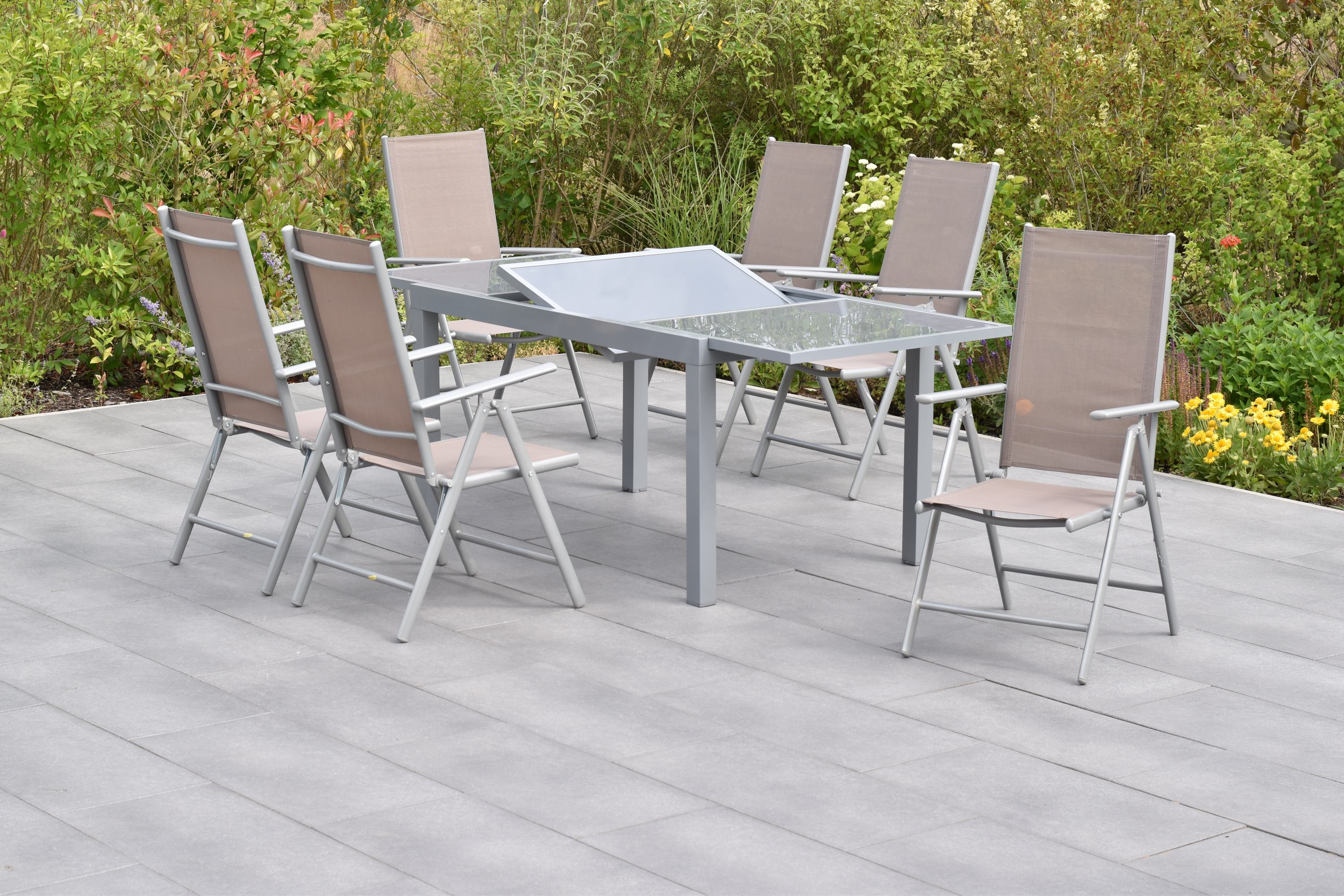 Amalfi Set 7tlg., 6 Klappsessel, Ausziehtisch 160 (220) x 90 cm, taupe Amalfi Set 7tlg., 6 Klappsessel, Ausziehtisch 160 (220) x 90 cm, taupe