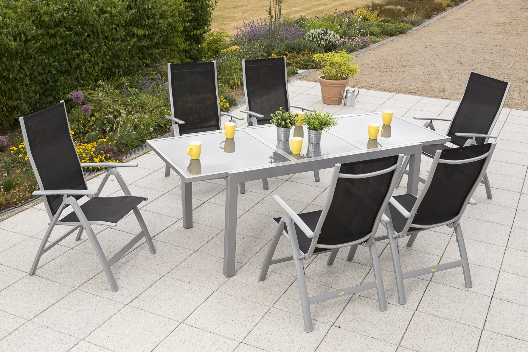 Carrara Set 7tlg., 6 Klappsessel, Ausziehtisch 160 (220) x 90 cm, schwarz