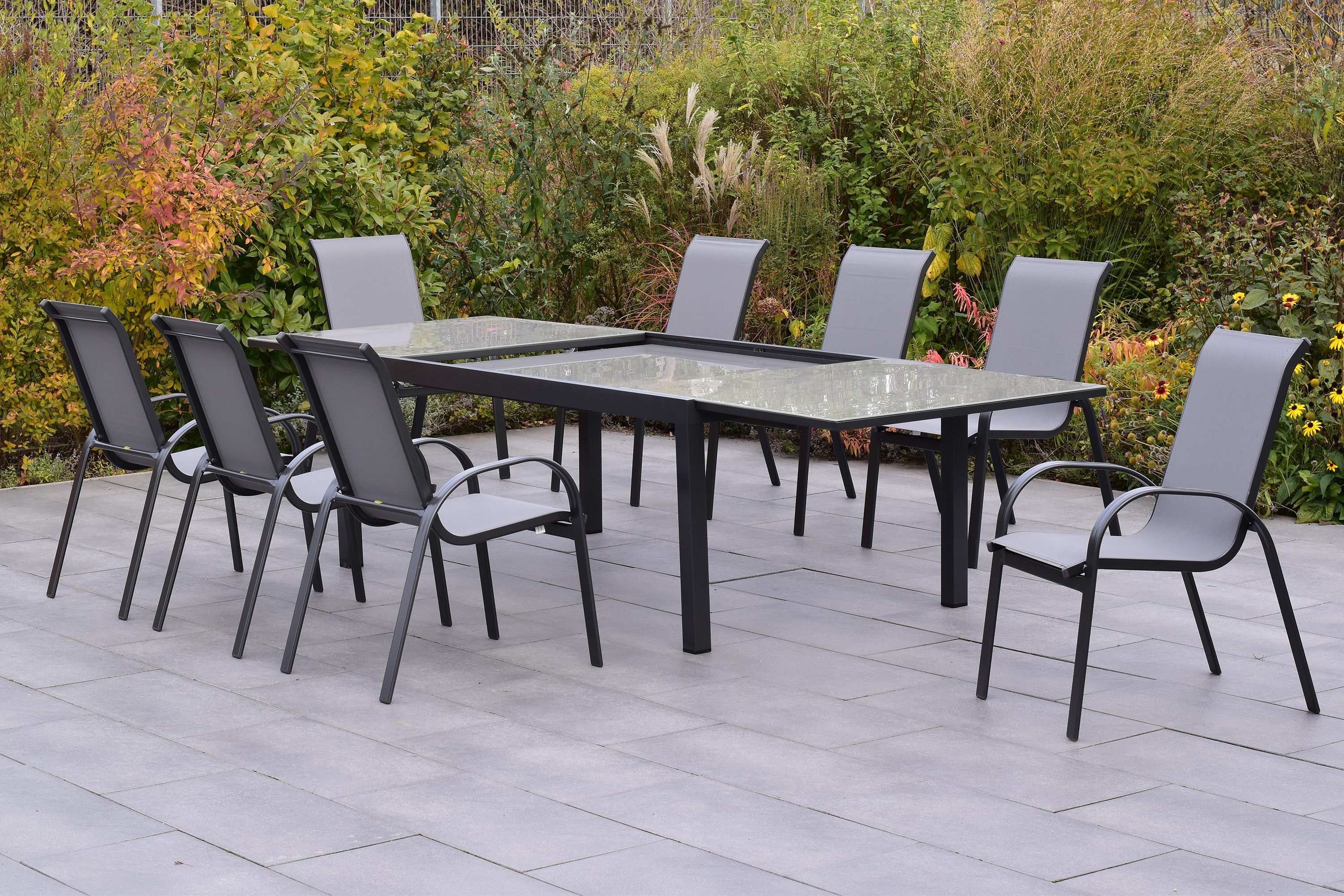Amalfi Set 9 tlg., 8 Stapelsessel, Ausziehtisch 200 (300) x 100 cm, grau