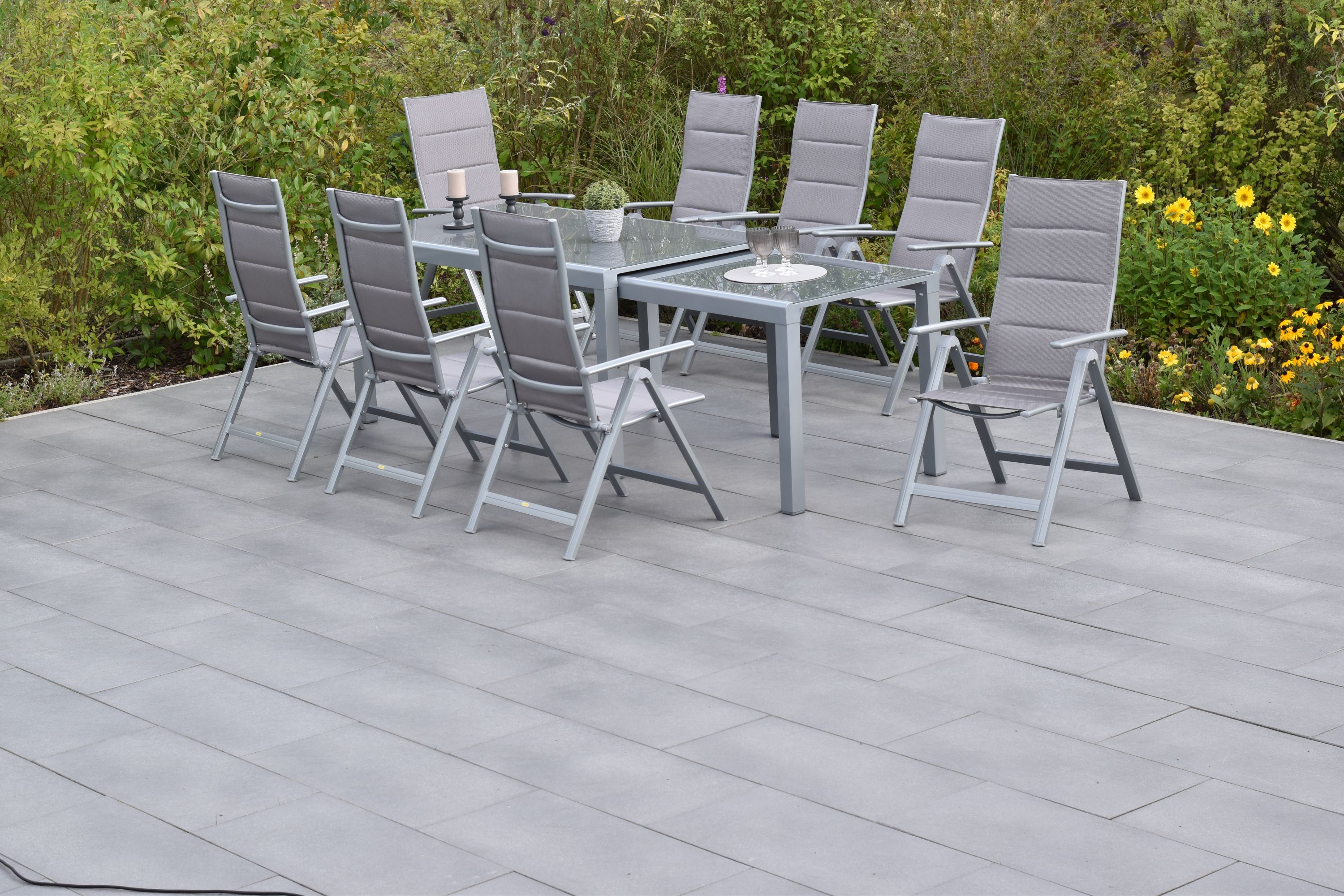 Taviano Set 9tlg., 8 Klappsessel, Ausziehtisch 160 (320) x 78 (75) cm, diamantbraun