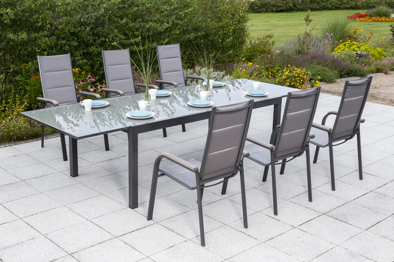 Taviano-Set-6x-26392-217-26473-217-NB-5 Trivero Set, 7tlg., 6 Stapelsessel, Ausziehtisch 200/300 x 110 cm