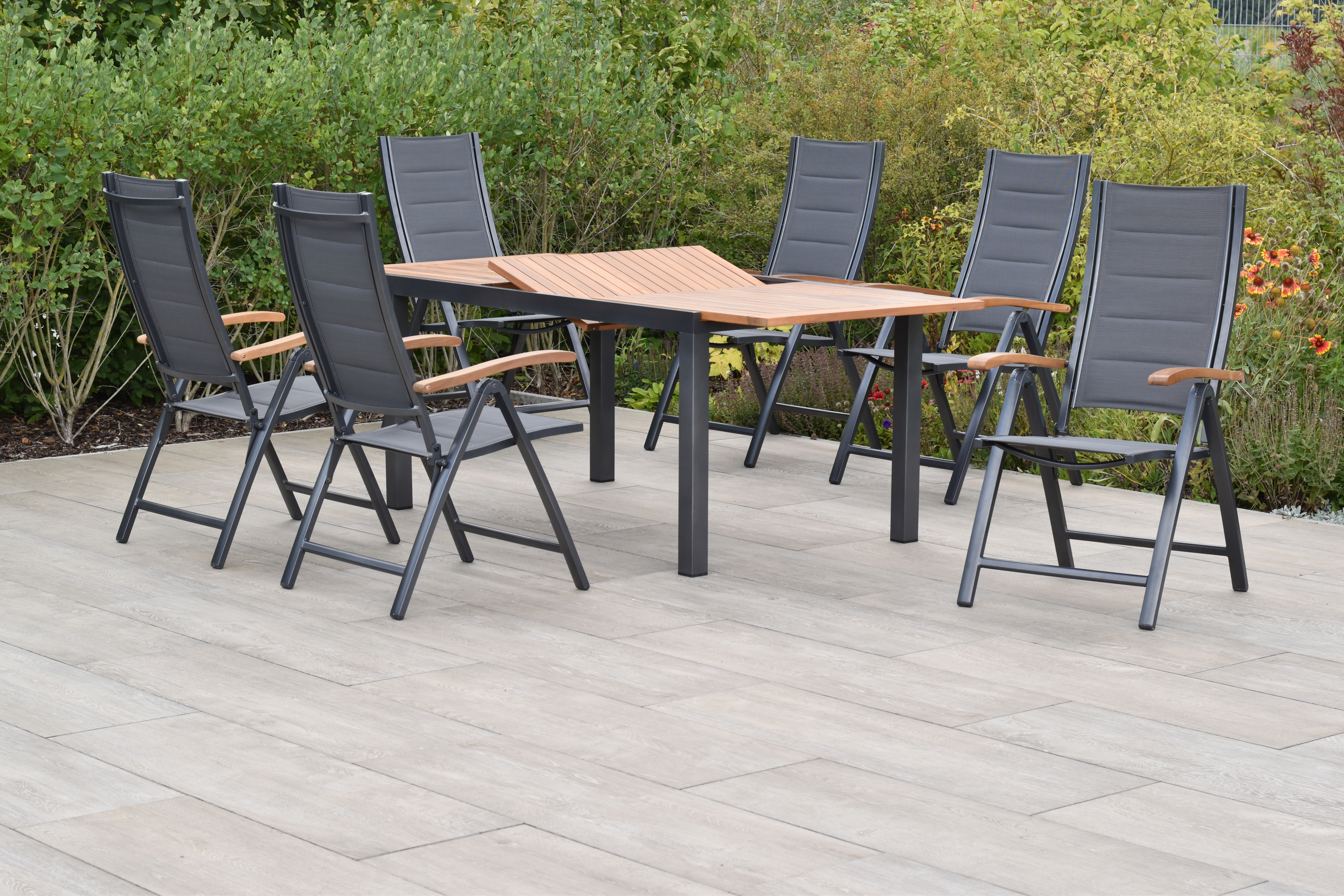 50825-307-3 Paxos Set, 7tlg., 6 Klappsessel, Ausziehtisch 150/200 x 90 cm, graphit