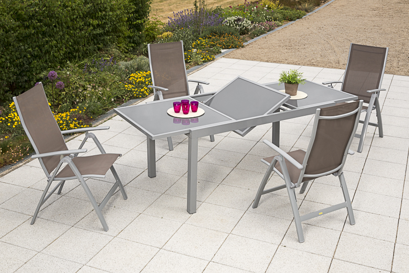 Carrara-Set-5tlg-taupe-4x-26374-325-26452-219-1 Carrara Set, 5tlg., 4 Klappsessel, Ausziehtisch 160/220 x 90 cm, taupe