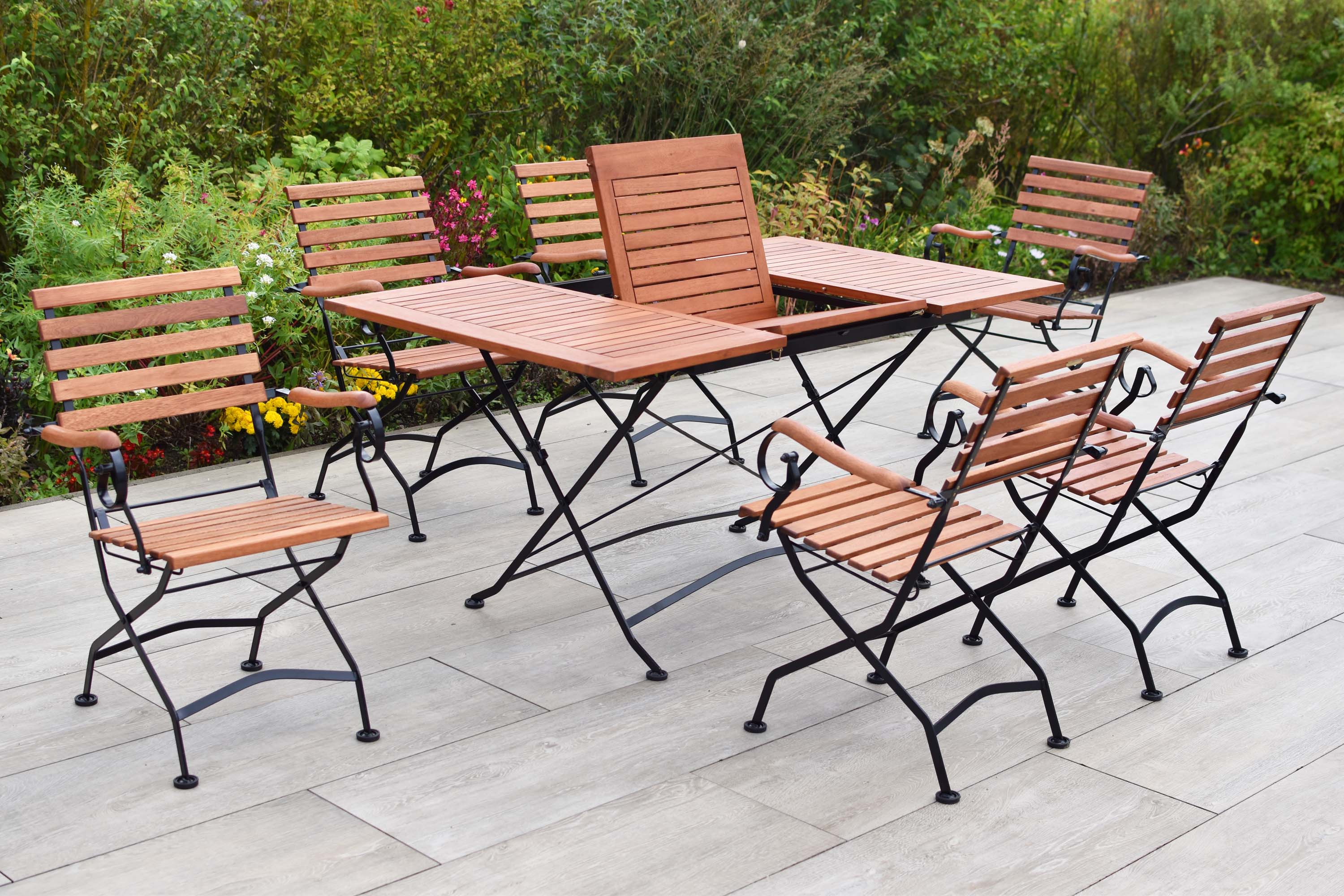 Schlossgarten Set 7tlg., 6 Klappsessel, Ausziehtisch 100/150 x 90 cm