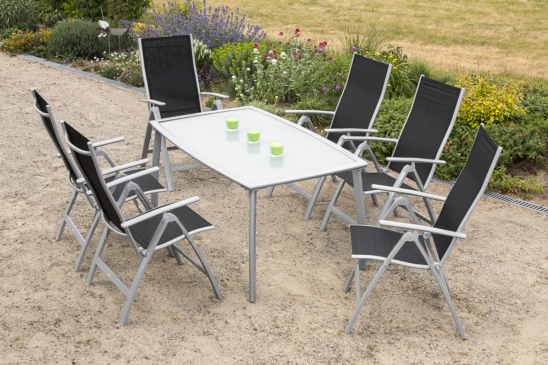 Carrara Set 7tlg., 6 Klappsessel, Tisch 150 x 90 cm, schwarz
