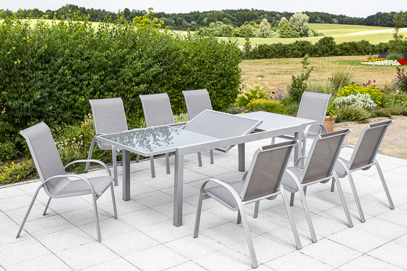 Amalfi-Set-9tlg-8x-26310-330-26453-219-NB-28mkxg85AR1oj0 Amalfi Set 9 tlg., 8 Stapelsessel, Ausziehtisch 160 (220) x 90 cm, diamantbraun