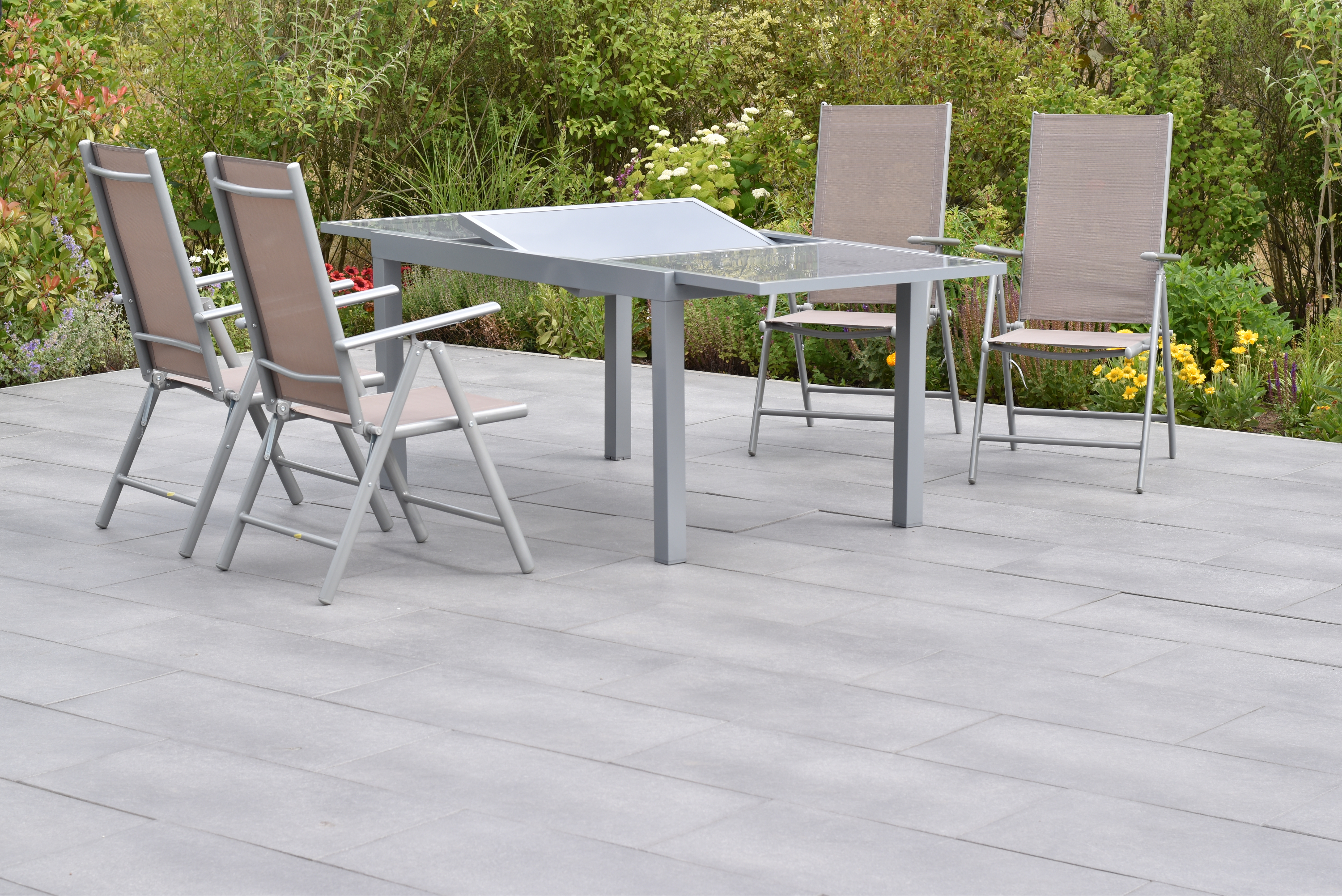 Amalfi Set, 5tlg., 4 Klappsessel, Ausziehtisch 120/180 x 90 cm, taupe Amalfi Set, 5tlg., 4 Klappsessel, Ausziehtisch 120/180 x 90 cm, taupe