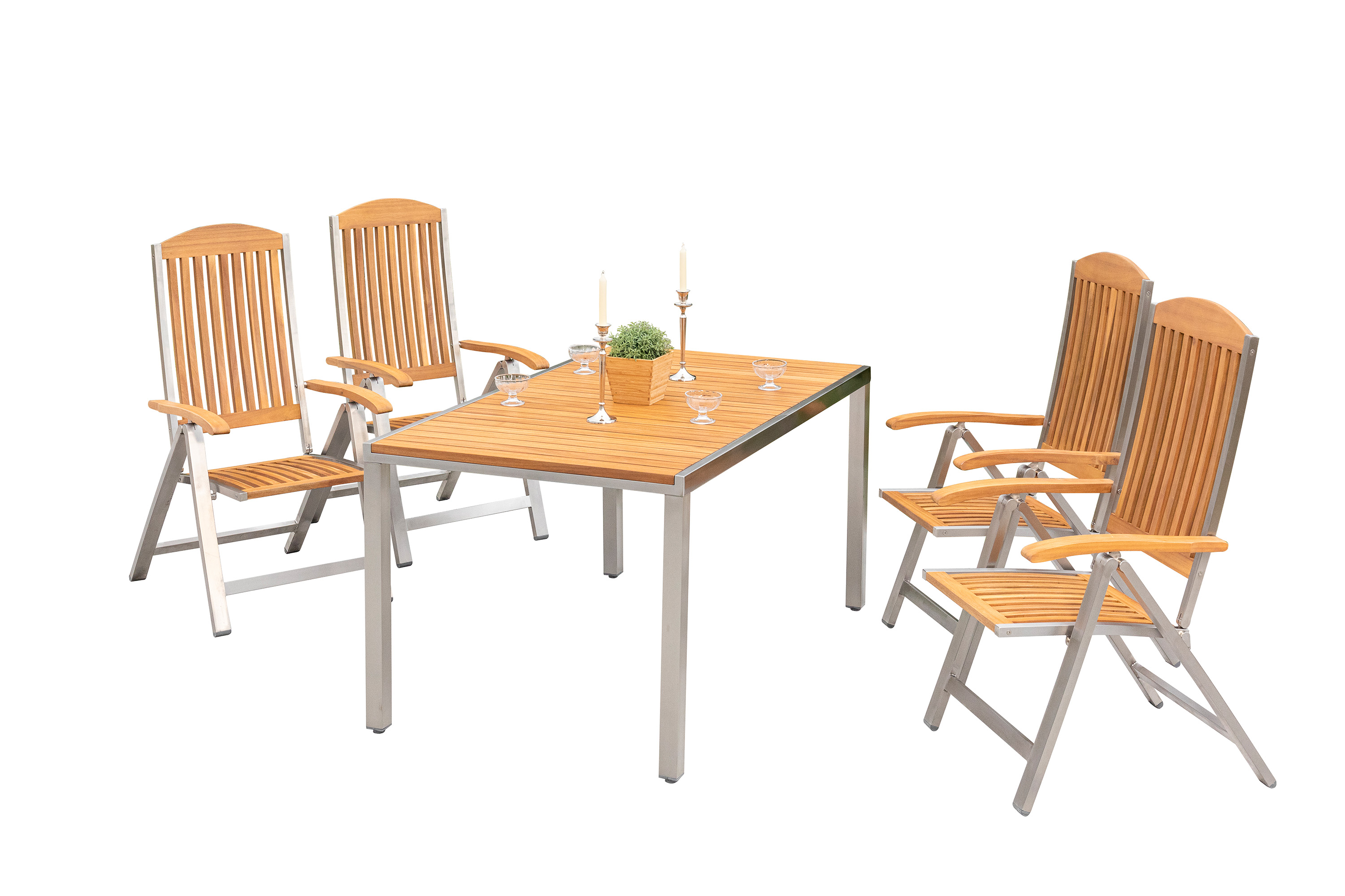 Keros Set 5tlg., 4 Klappsessel, Tisch 150 x 90 cm Keros Set 5tlg., 4 Klappsessel, Tisch 150 x 90 cm