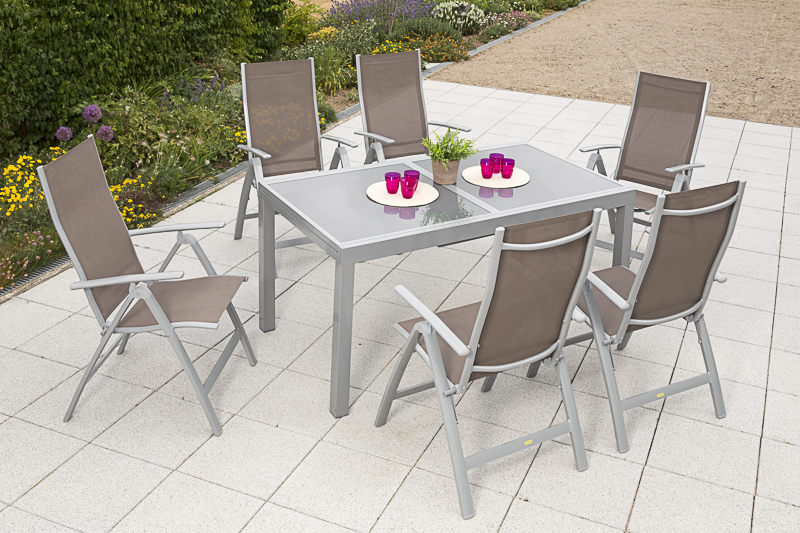 Carrara Set 7tlg., 6 Klappsessel, Ausziehtisch 160 (220) x 90 cm, taupe