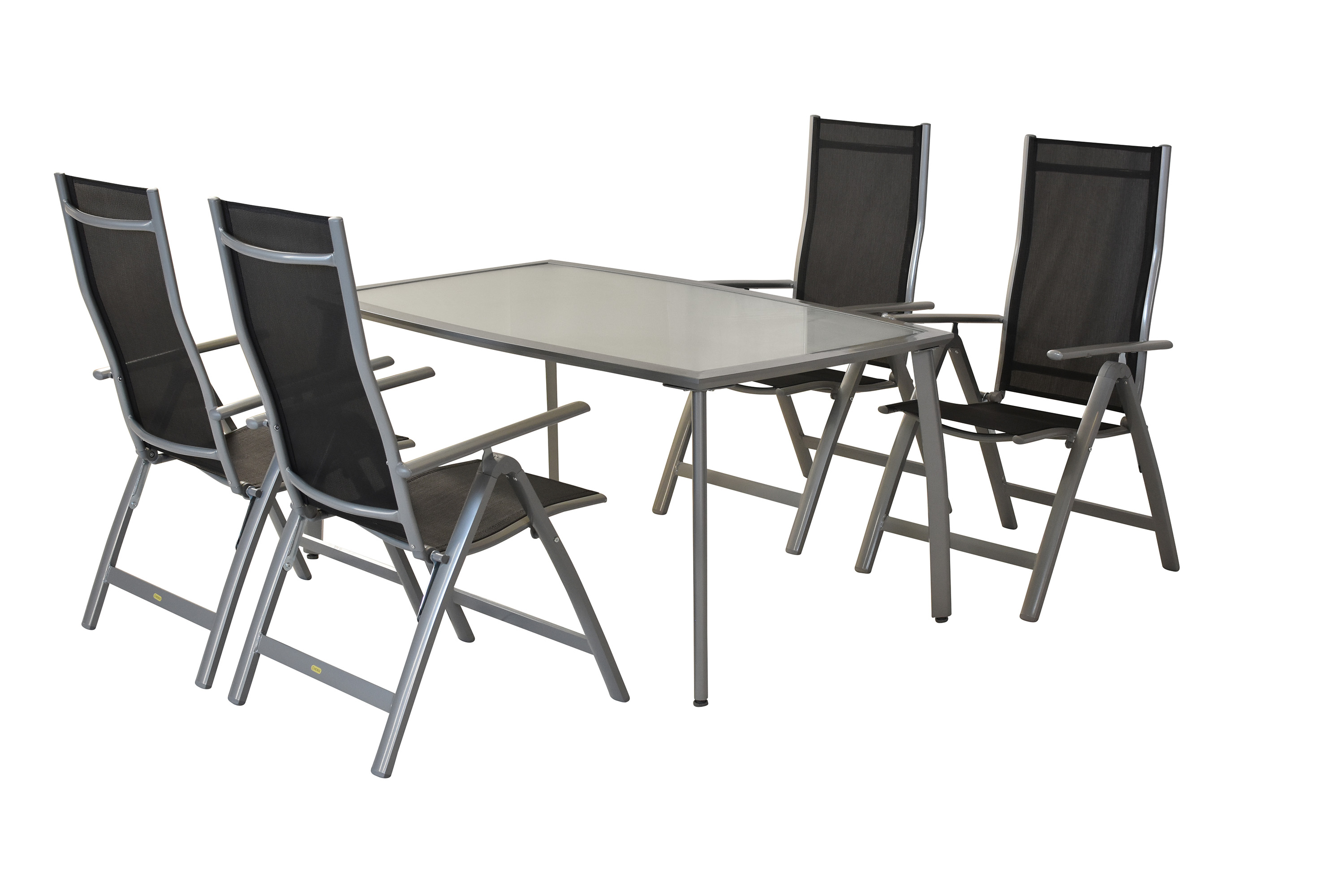 Carrara Set 5tlg., 4 Klappsessel, Tisch 150 x 90 cm, schwarz Carrara Set 5tlg., 4 Klappsessel, Tisch 150 x 90 cm, schwarz