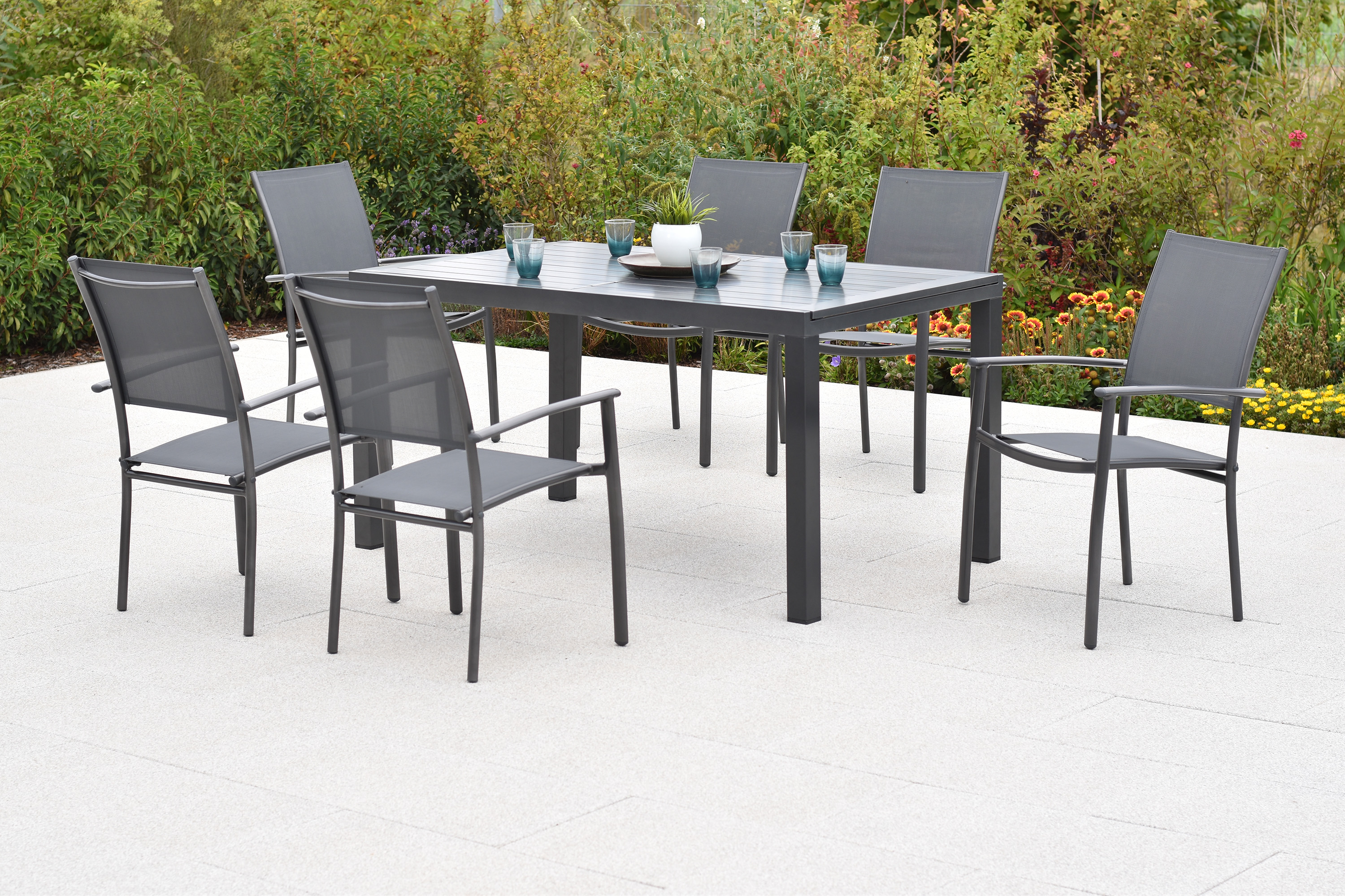 Milano Set 7tlg., 6 Stapelsessel, Ausziehtisch, 150 (200) x 90 cm