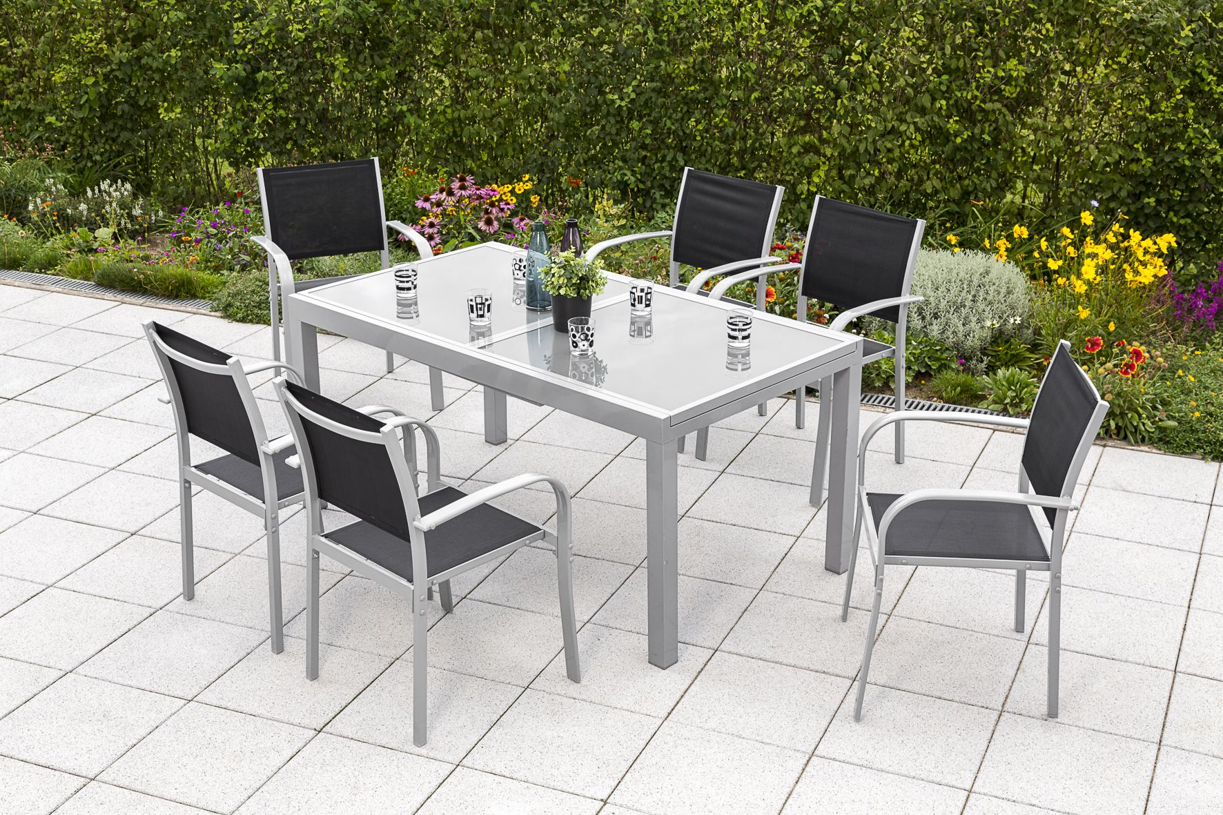 Ostia Set 7tlg., 6 Stapelsessel, Ausziehtisch 160 (220) x 90 cm