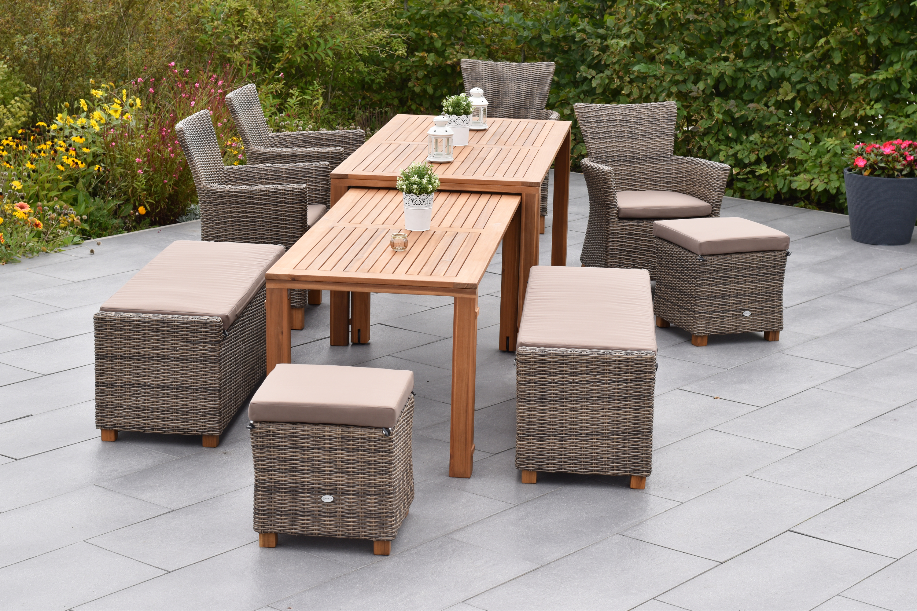 Toskana Set 9tlg., 4 Sessel, 2 Bänke, 2 Hocker, Ausziehtisch 185 (370) x 90 (73) cm, natur 