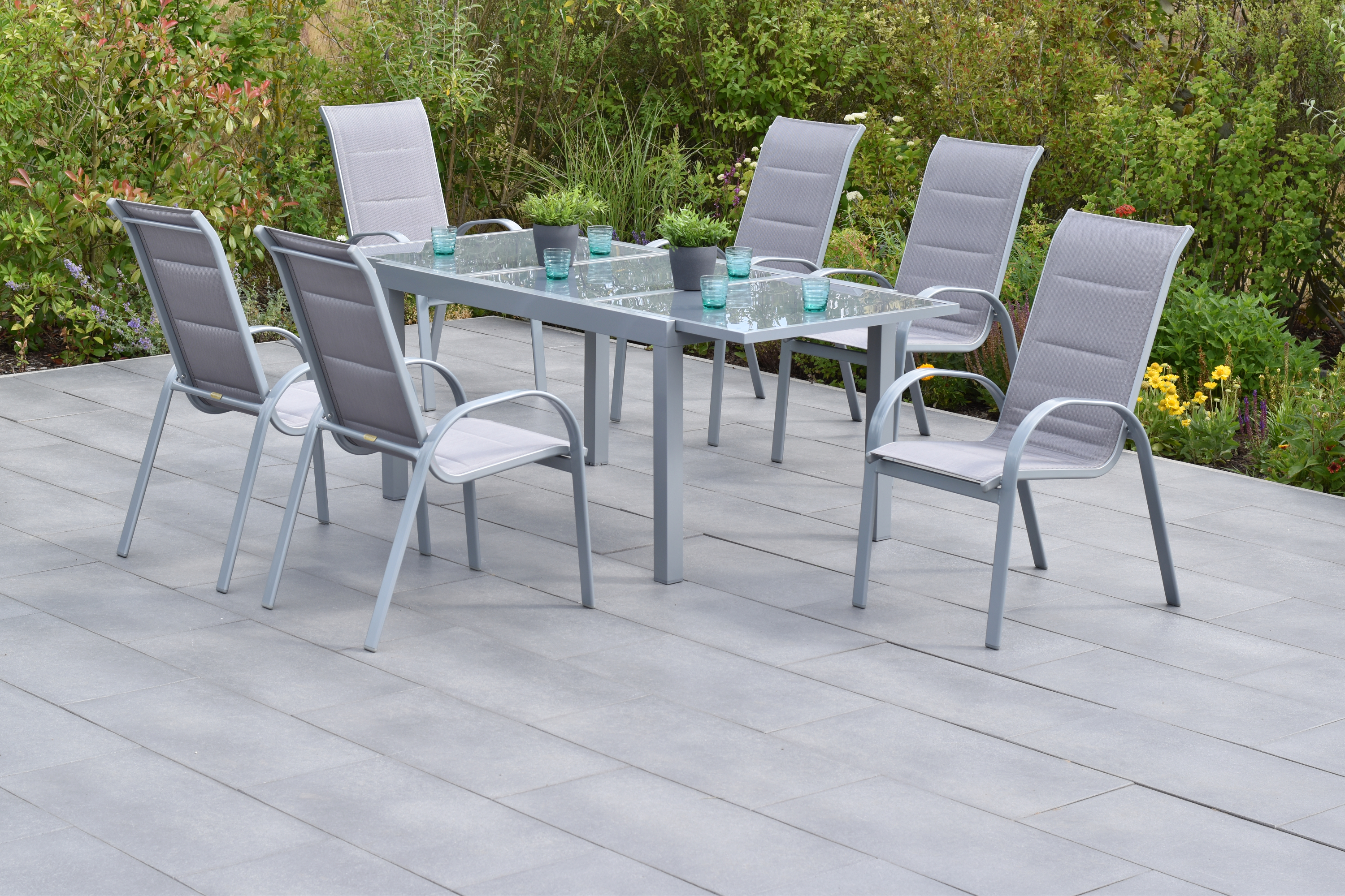 50876-330-2 Amalfi di lusso Set, 7tlg., 6 Stapelsessel, Ausziehtisch 160/220 x 90 cm, diamantbraun