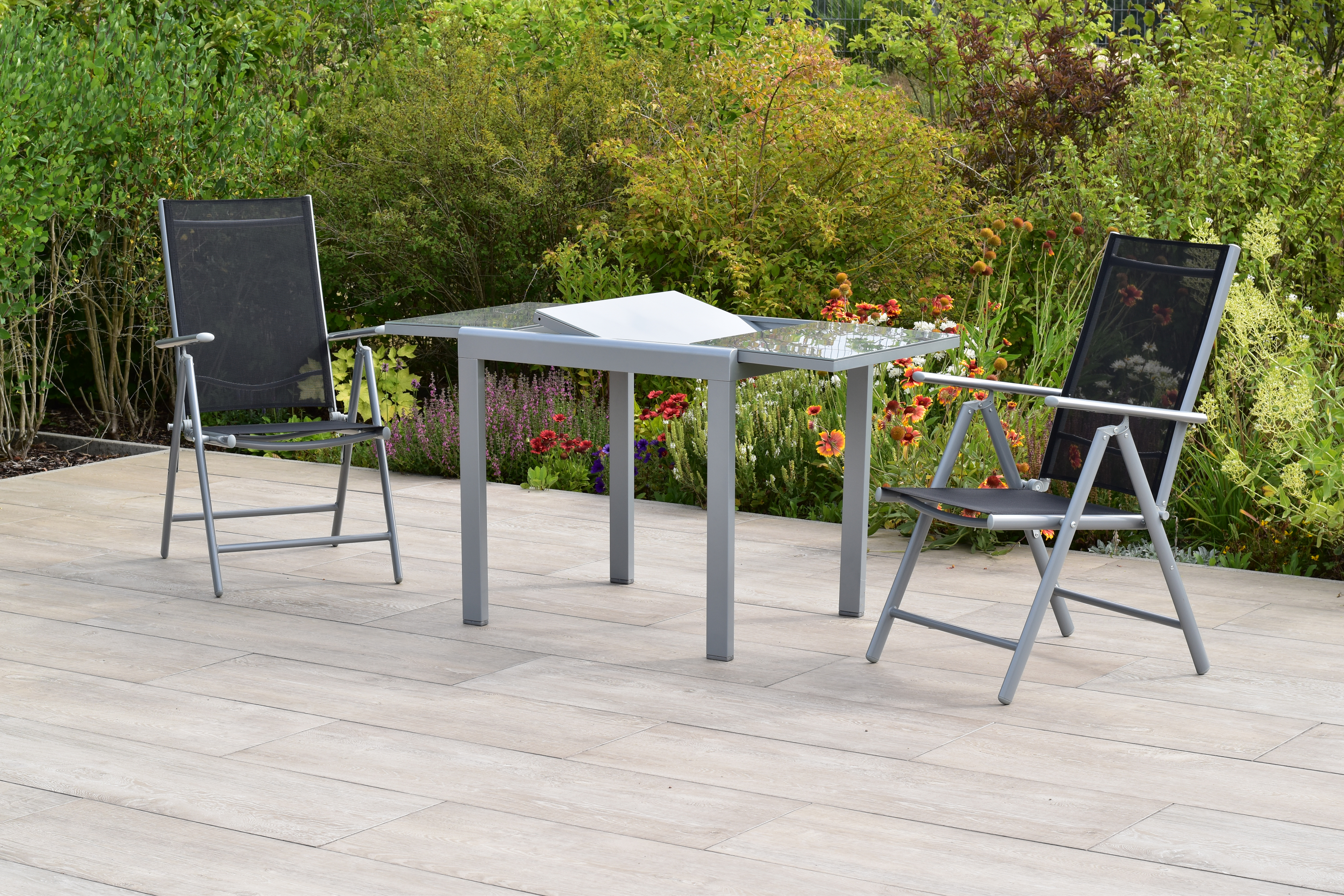 50877-317-3 Amalfi Set, 3tlg., 2 Klappsessel, Ausziehtisch 80/120 x 70 cm, schwarz