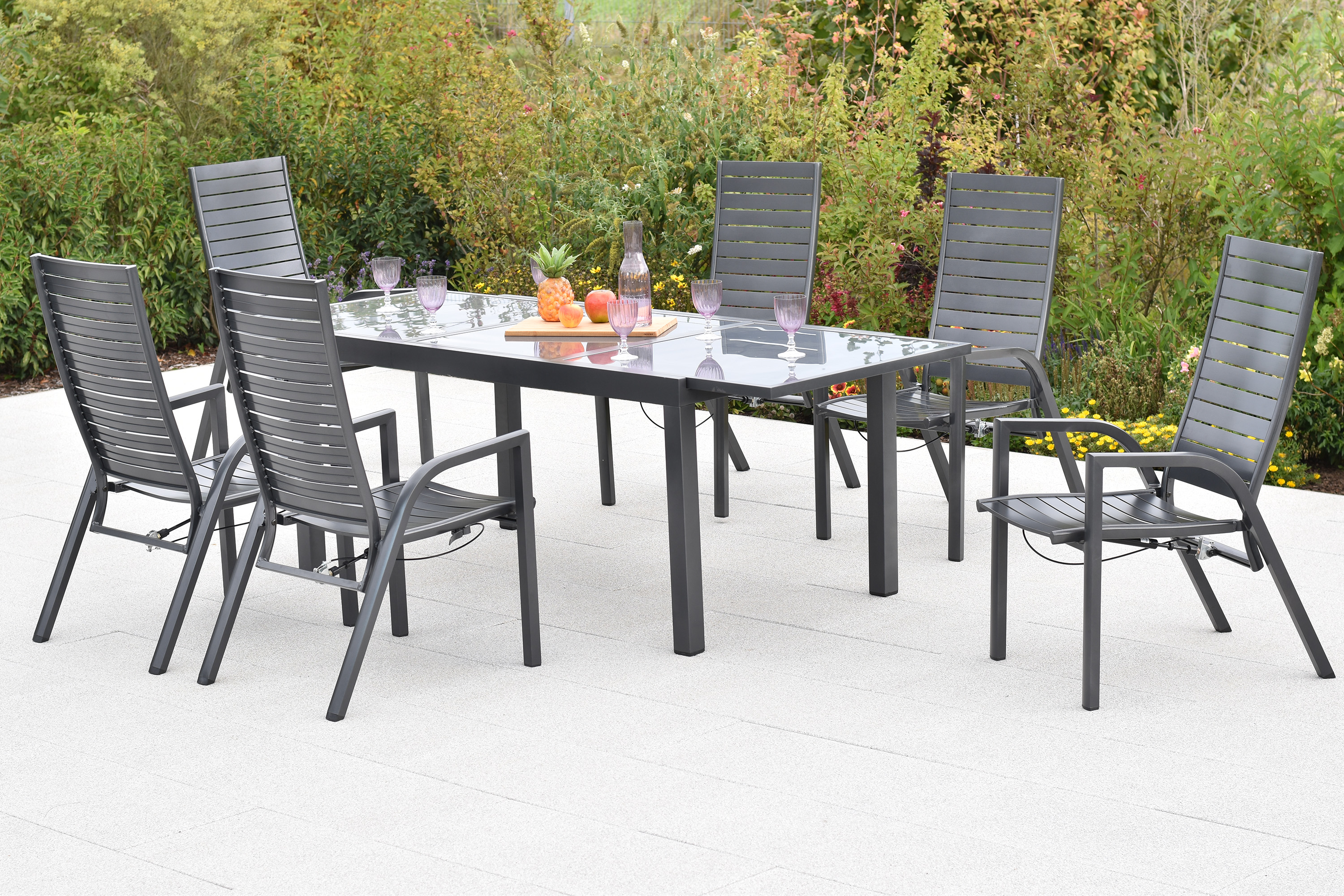 Siros Set, 7tlg., Ausziehtisch, 150/210 x 90 cm, graue Glasplatte Siros Set, 7tlg., Ausziehtisch, 150/210 x 90 cm, graue Glasplatte