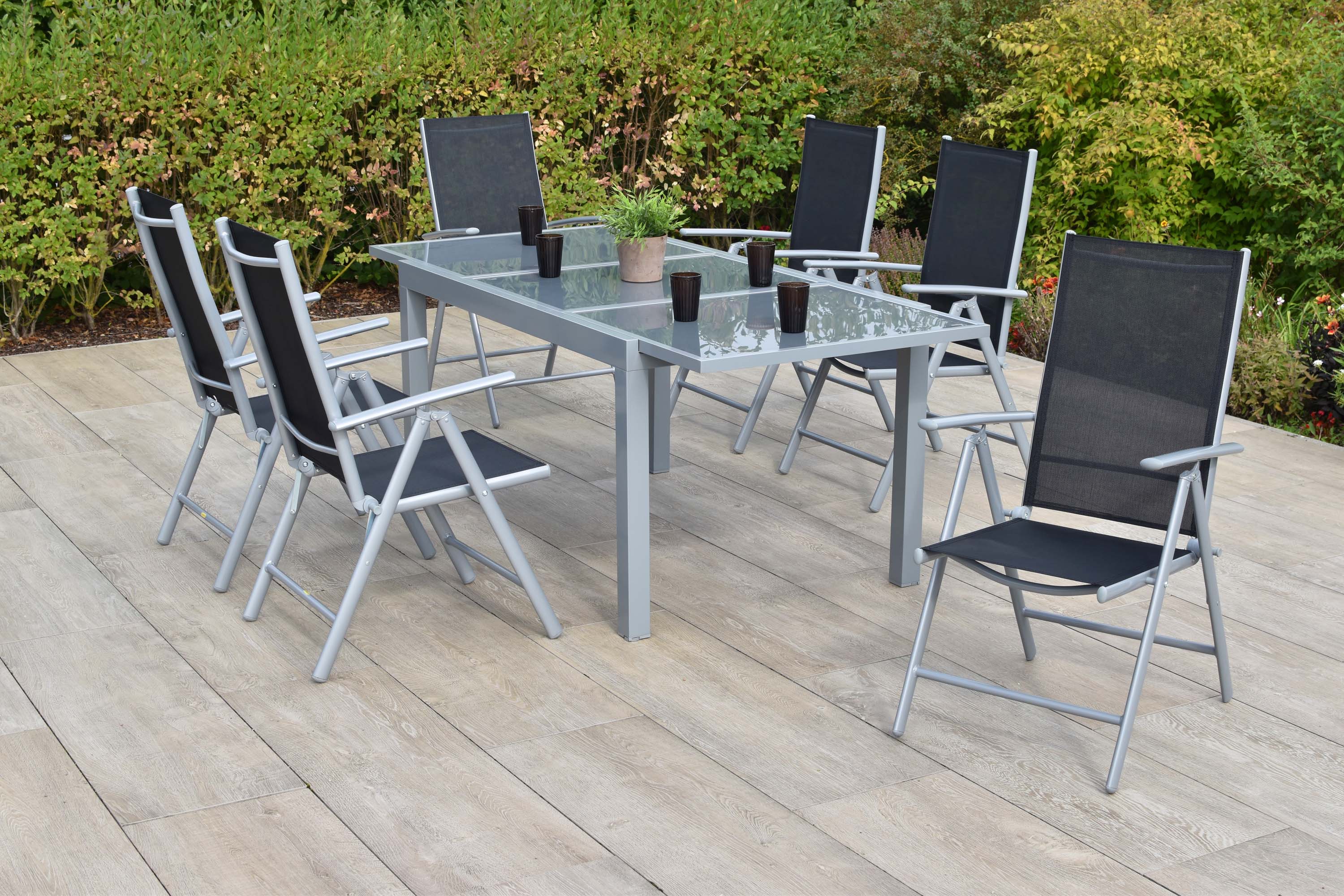 Amalfi Set 7tlg., 6 Klappsessel, Ausziehtisch 140 (200) x 90 cm, schwarz Amalfi Set 7tlg., 6 Klappsessel, Ausziehtisch 140 (200) x 90 cm, schwarz