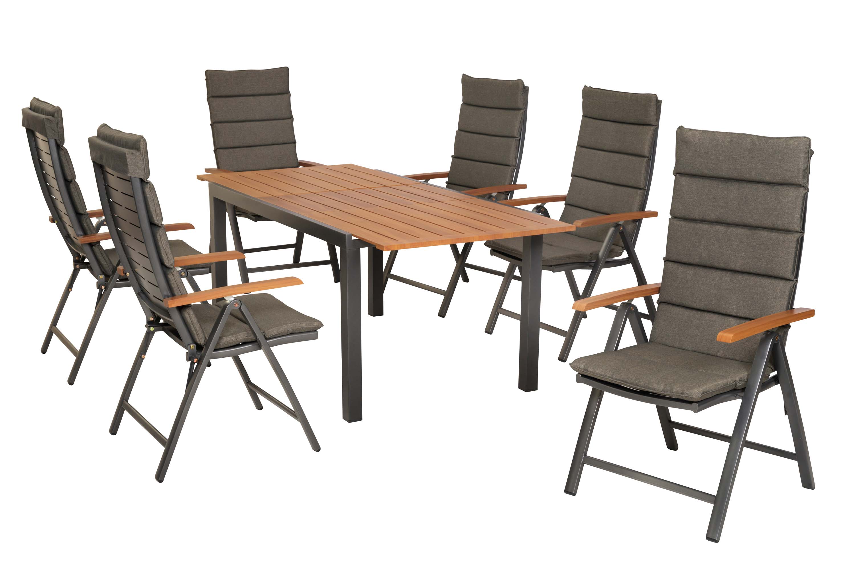 Tinos Set 13tlg., 6 Klappsessel, Ausziehtisch 150 (200) x 90 cm, inkl. Kissen