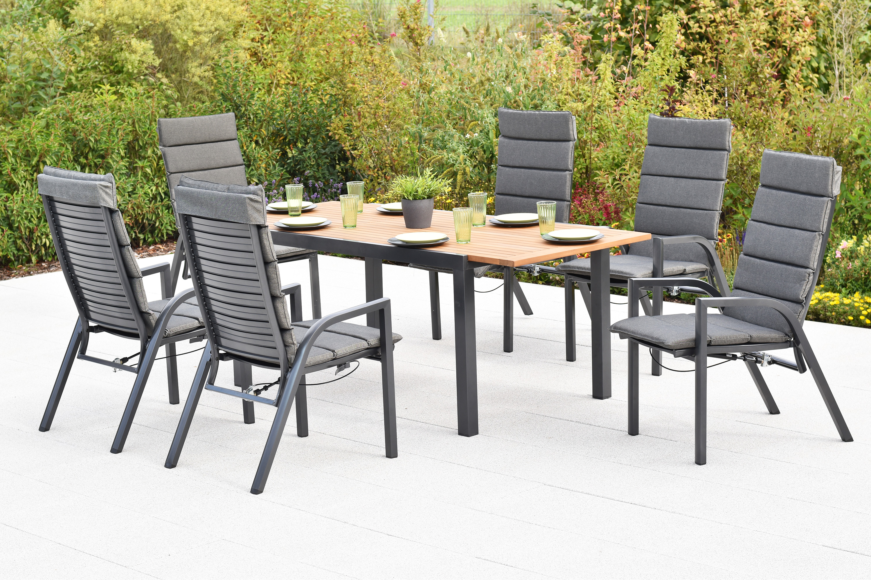 Siros Set, 13tlg., Ausziehtisch, 150/200 x 90 cm, Tischplatte aus Akazienholz, inkl. Kissen Siros Set, 13tlg., Ausziehtisch, 150/200 x 90 cm, Tischplatte aus Akazienholz, inkl. Kissen