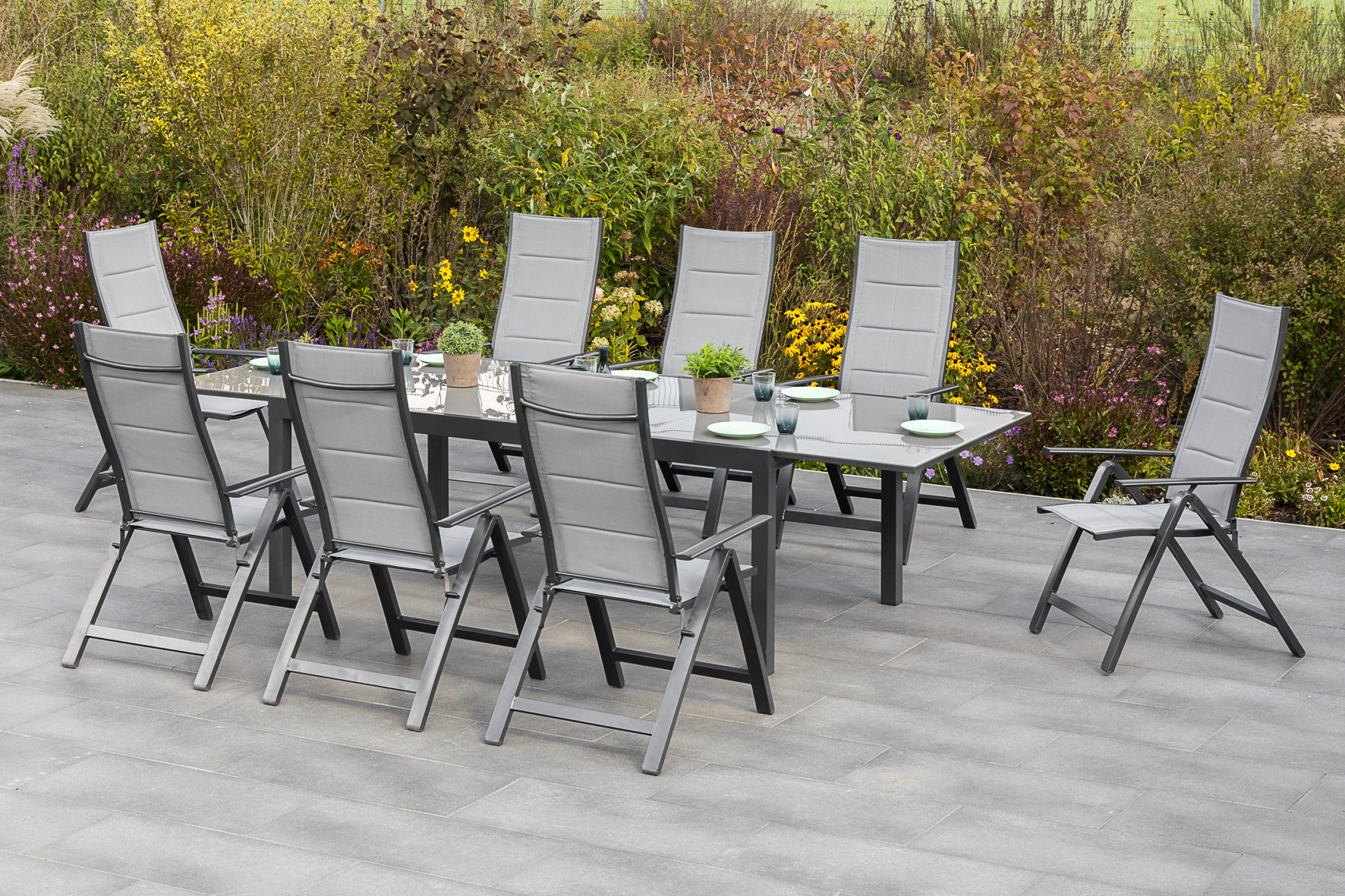 Florenz Set, 9tlg., 8 Klappsessel, Ausziehtisch 200/300 x 110 cm Florenz Set, 9tlg., 8 Klappsessel, Ausziehtisch 200/300 x 110 cm