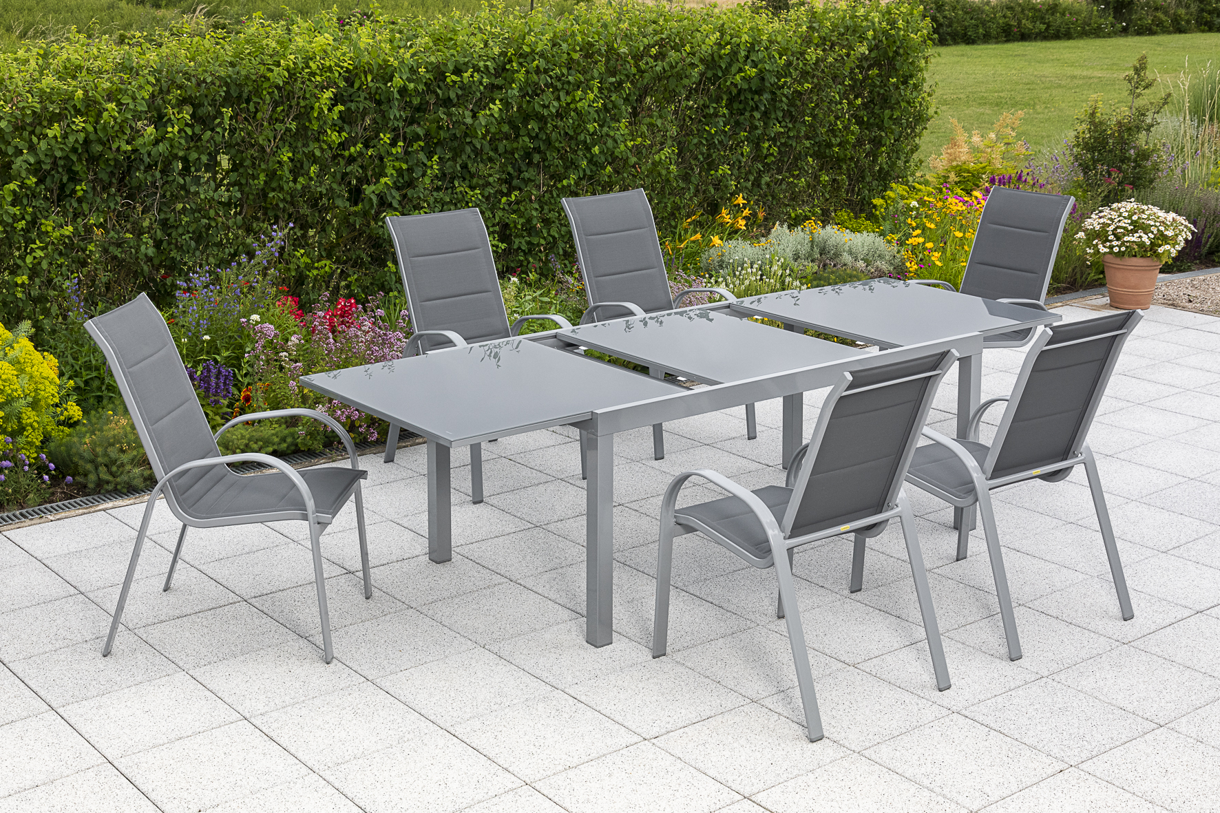 50358-309-2 Amalfi Set, 7 tlg., 6 Stapelsessel, Ausziehtisch 180/250 x 100 cm, grau