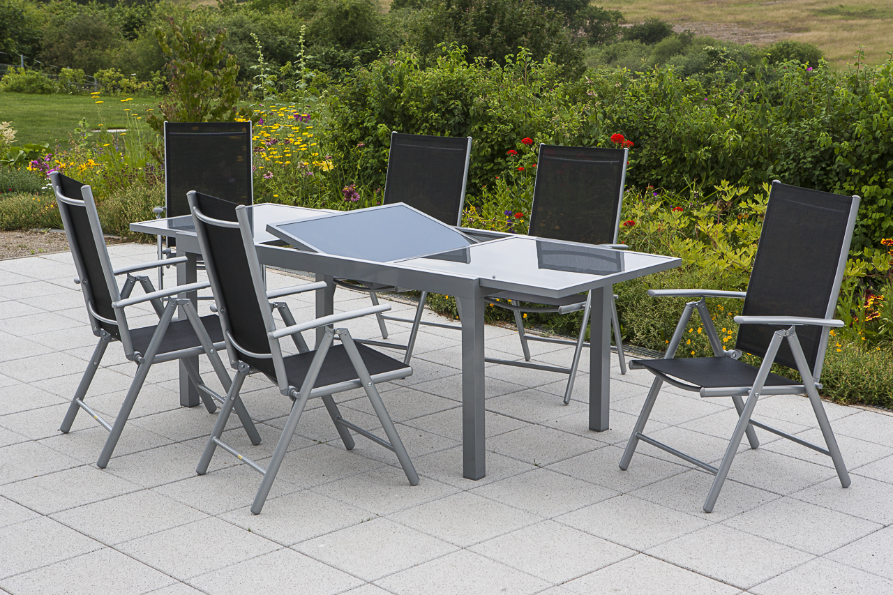 50348-317-6 Amalfi Set 7tlg., 6 Klappsessel, Ausziehtisch 160 (220) x 90 cm, schwarz
