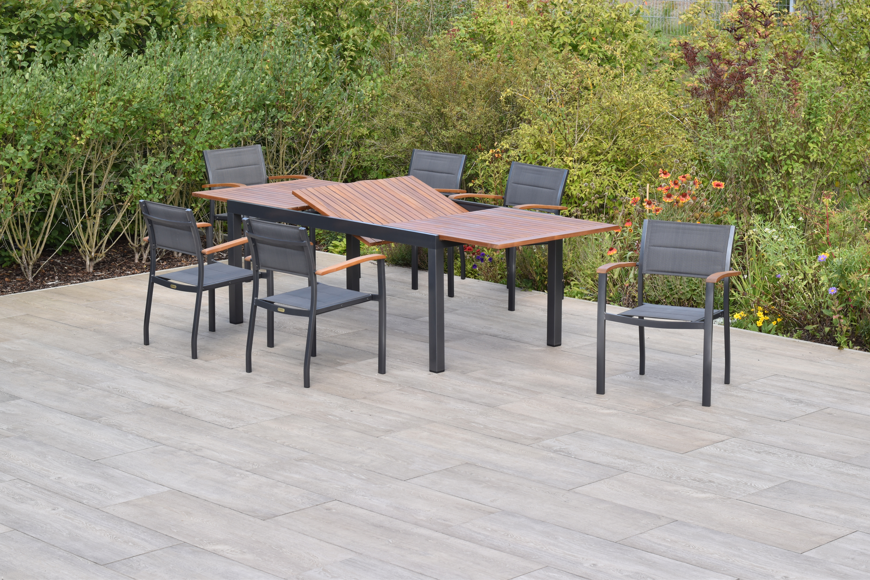 50820-307-3 Paxos Set, 7tlg., 6 Stapelsessel, Ausziehtisch 180/250 x 100 cm, graphit
