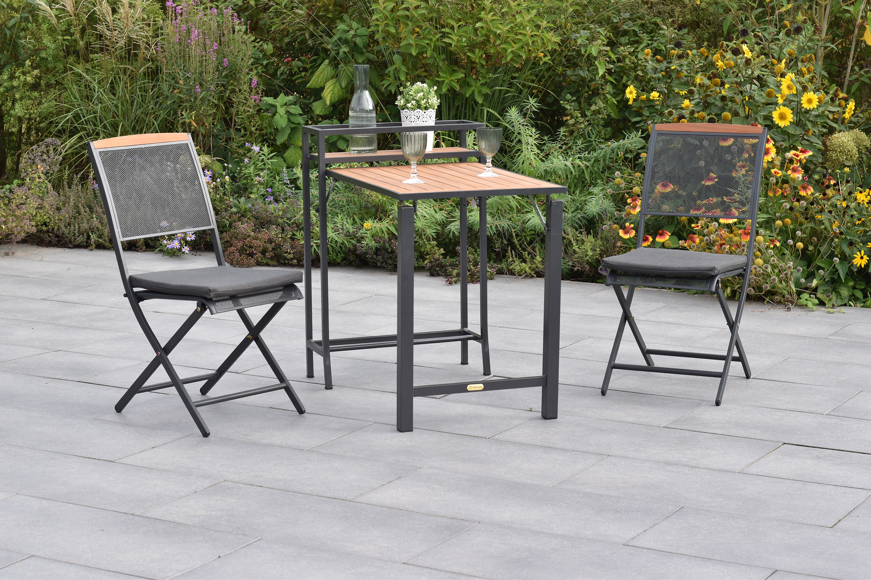 Patmos Set, 5tlg., inkl. Kissen, Balkonklapptisch, 91 x 60 cm, Tischplatte aus Akazienholz Patmos Set, 5tlg., inkl. Kissen, Balkonklapptisch, 91 x 60 cm, Tischplatte aus Akazienholz