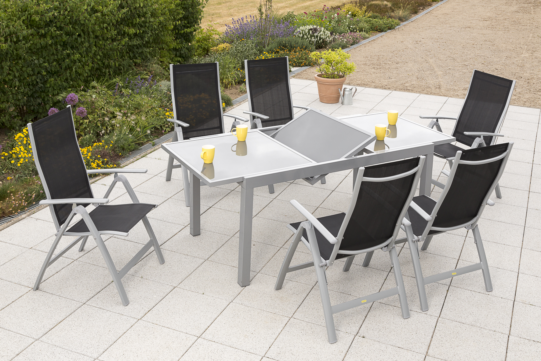 Carrara Set, 7tlg., 6 Klappsessel, Ausziehtisch 160/220 x 90 cm, schwarz Carrara Set, 7tlg., 6 Klappsessel, Ausziehtisch 160/220 x 90 cm, schwarz