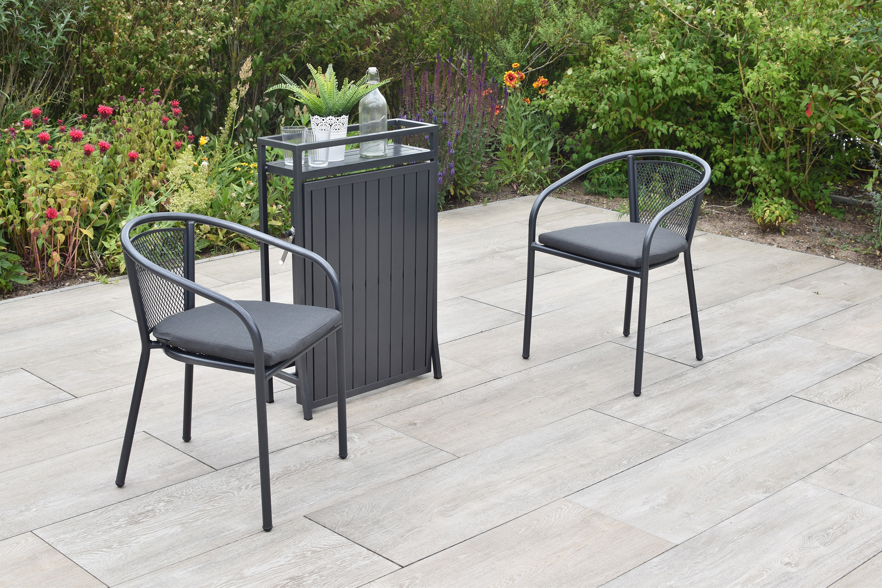 Delos Set 5tlg., 2 Bistrosessel, stapelbar, Balkonklappentisch 23/91 x 60 cm, inkl. Kissen