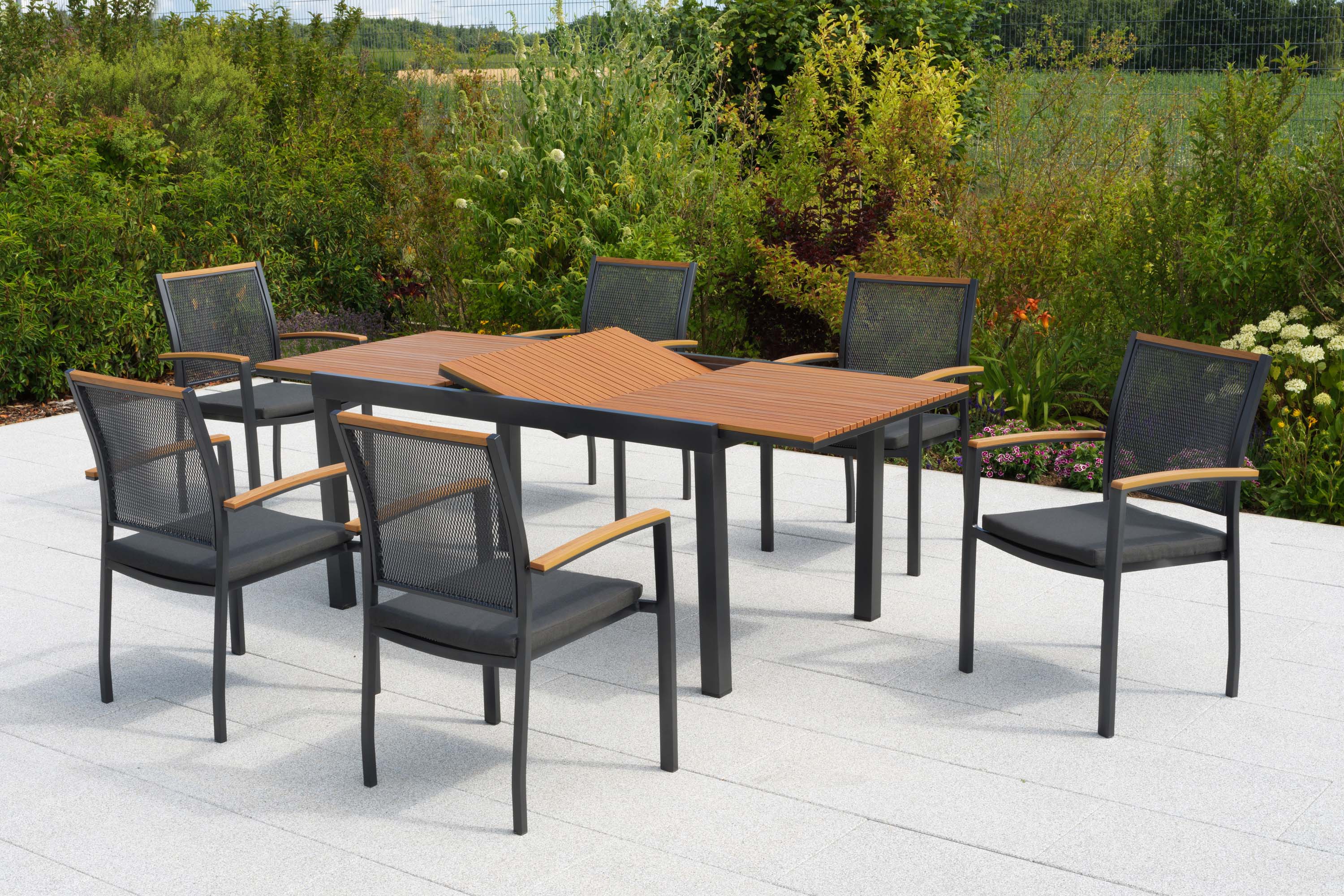 Itanos Set 13tlg., 6 Stapelsessel, Ausziehtisch 150 (200) x 90 cm, inkl. Kissen