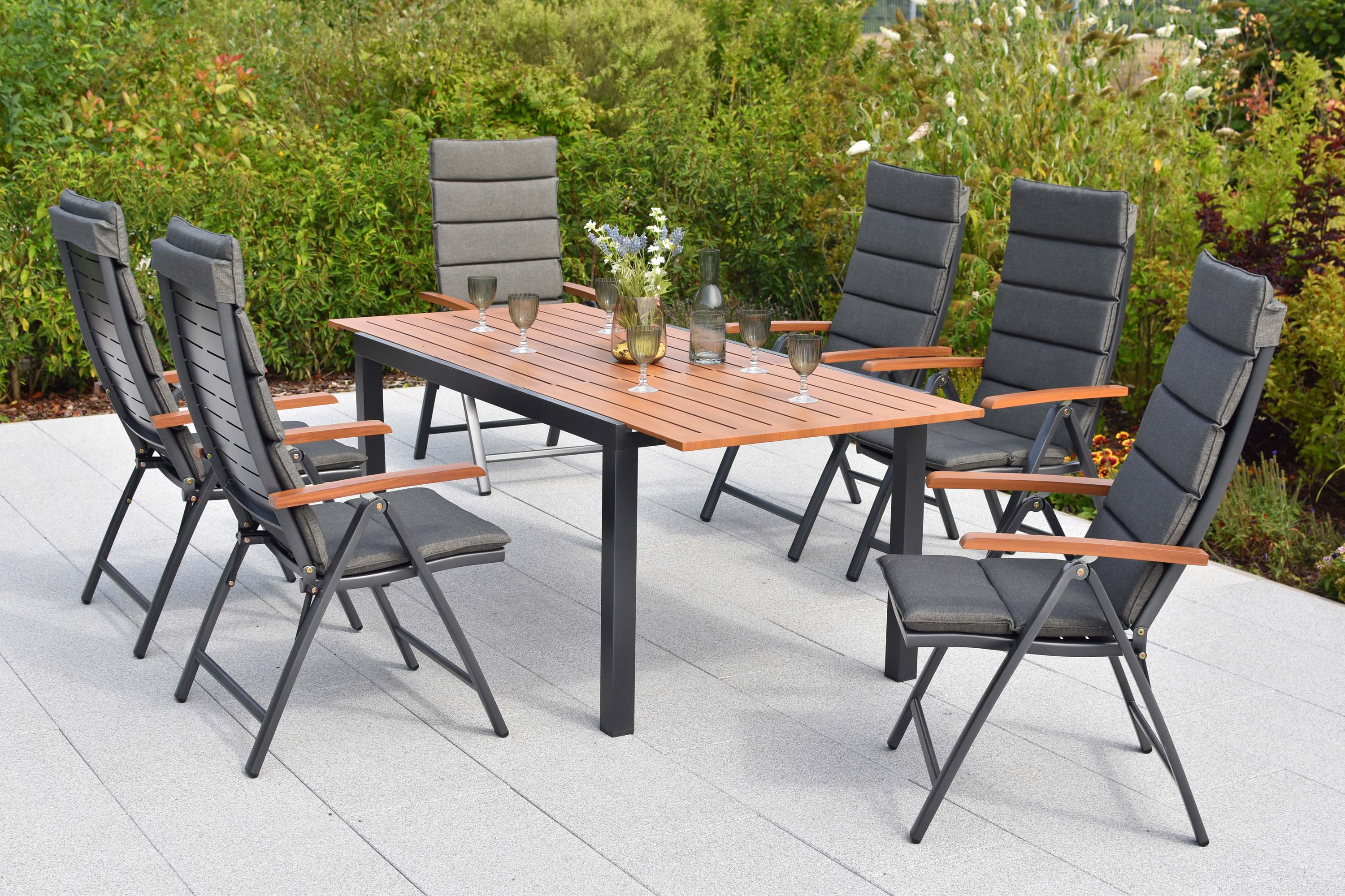 Tinos Set 13tlg., 6 Klappsessel, Ausziehtisch 150 (200) x 90 cm, inkl. Kissen