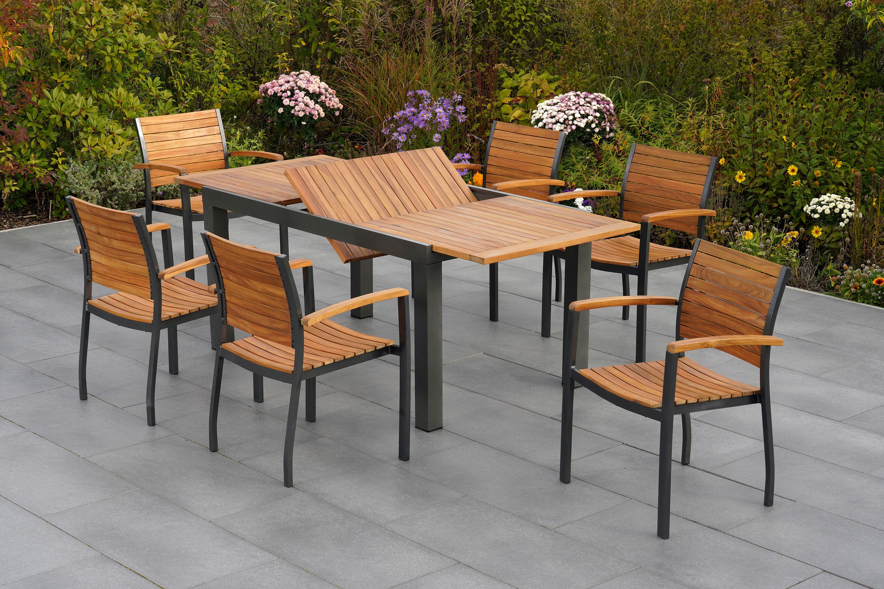 Santorin-Set-7tlg-6x-22021-209-22024-209-SS-HD-3 Santorin Set 7tlg., 6 Stapelsessel, Ausziehtisch 150 (200) x 90 cm