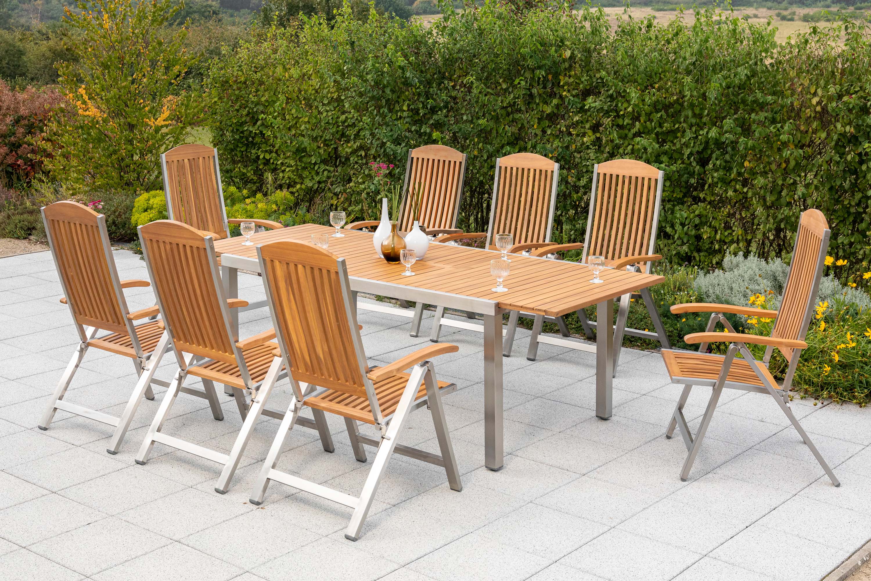 Keros Set 9tlg., 8 Klappsessel, Ausziehtisch 180 (240) x 100 cm Keros Set 9tlg., 8 Klappsessel, Ausziehtisch 180 (240) x 100 cm