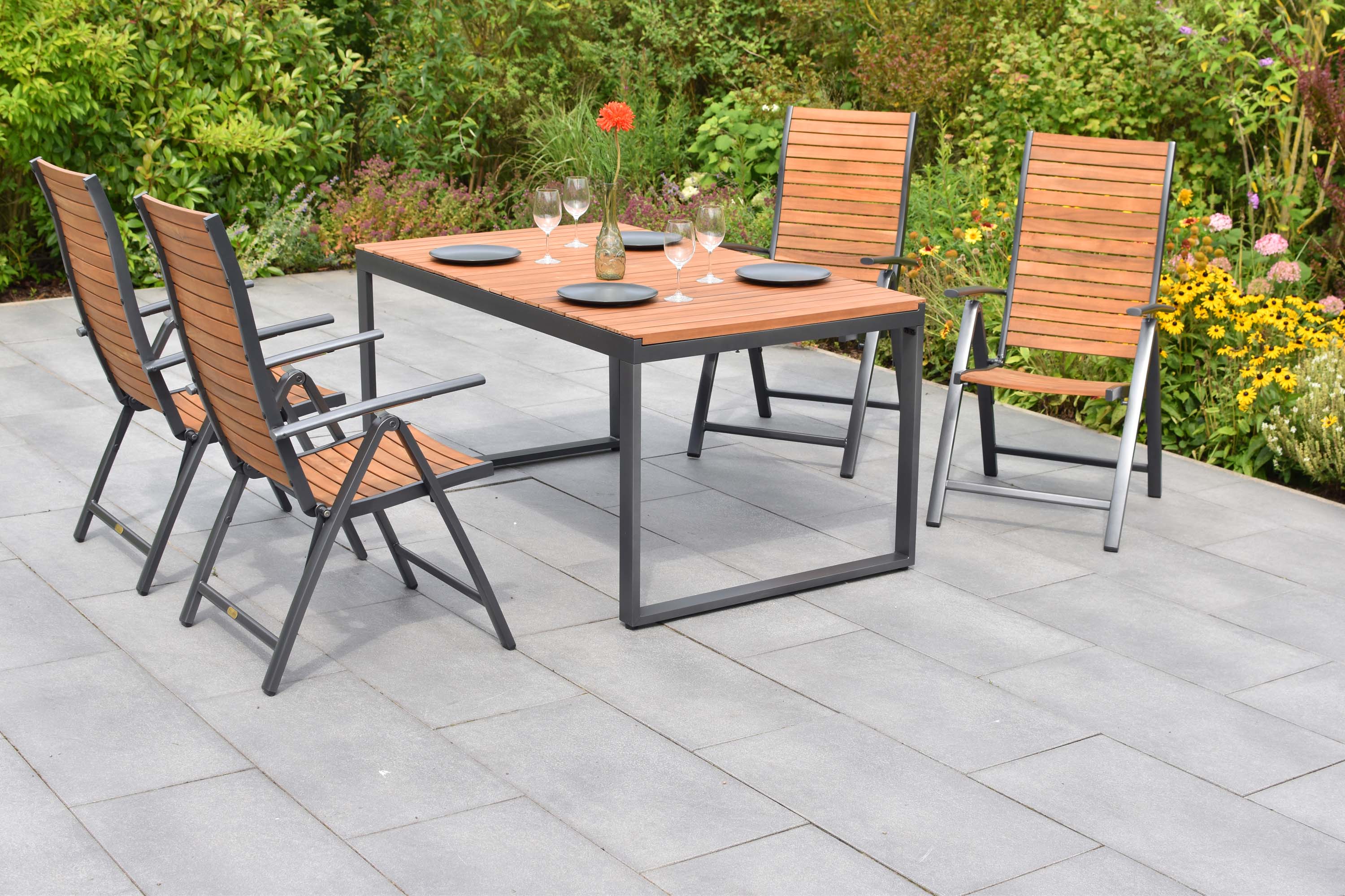 Santorin Set 5tlg., 4 Klappsessel, Ausziehtisch 150 (200) x 90 cm