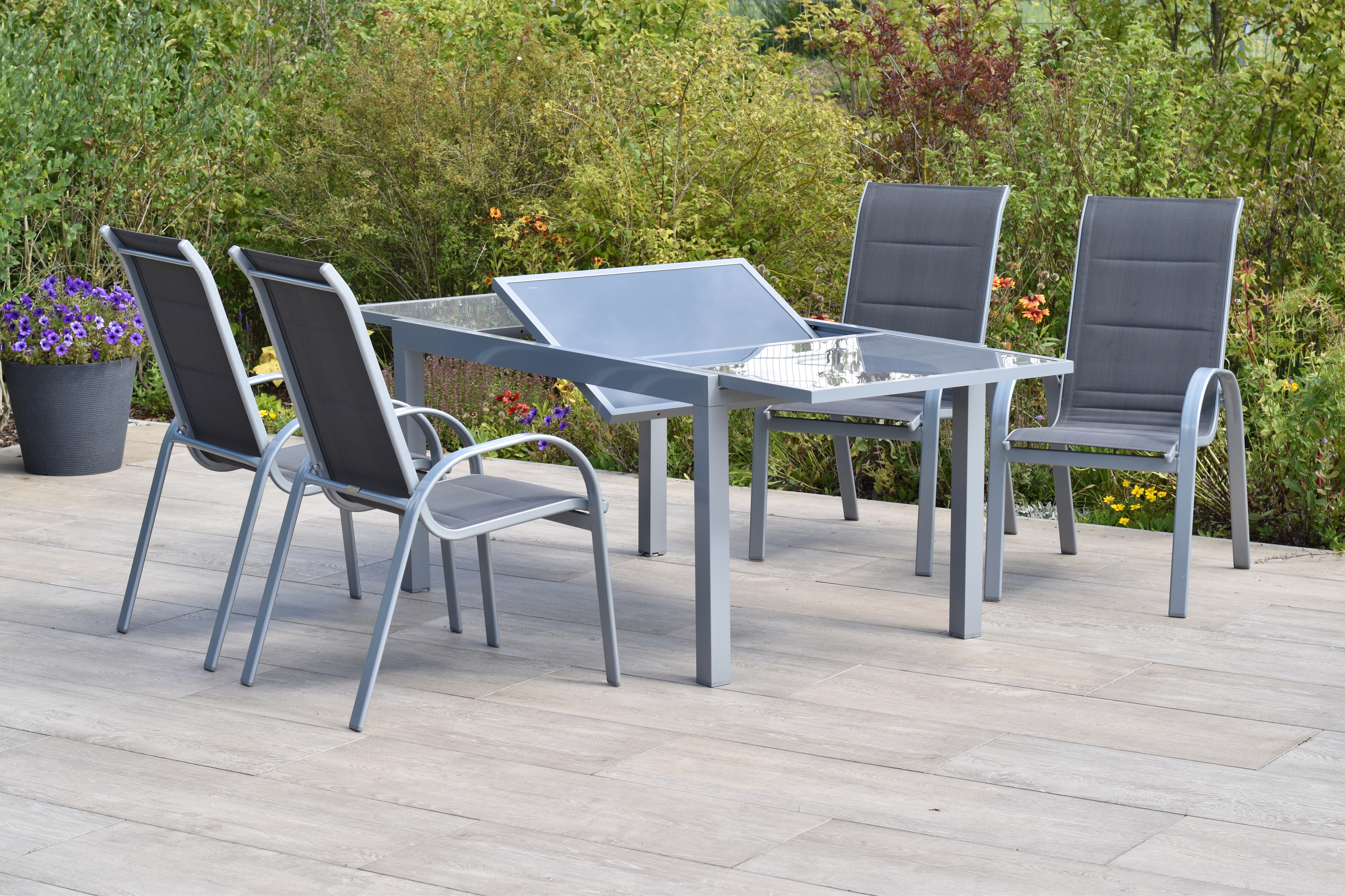 50875-307-2 Amaro Set 5 tlg., 4 Stapelsessel, Ausziehtisch 160 (220) x 90 cm, anthrazit