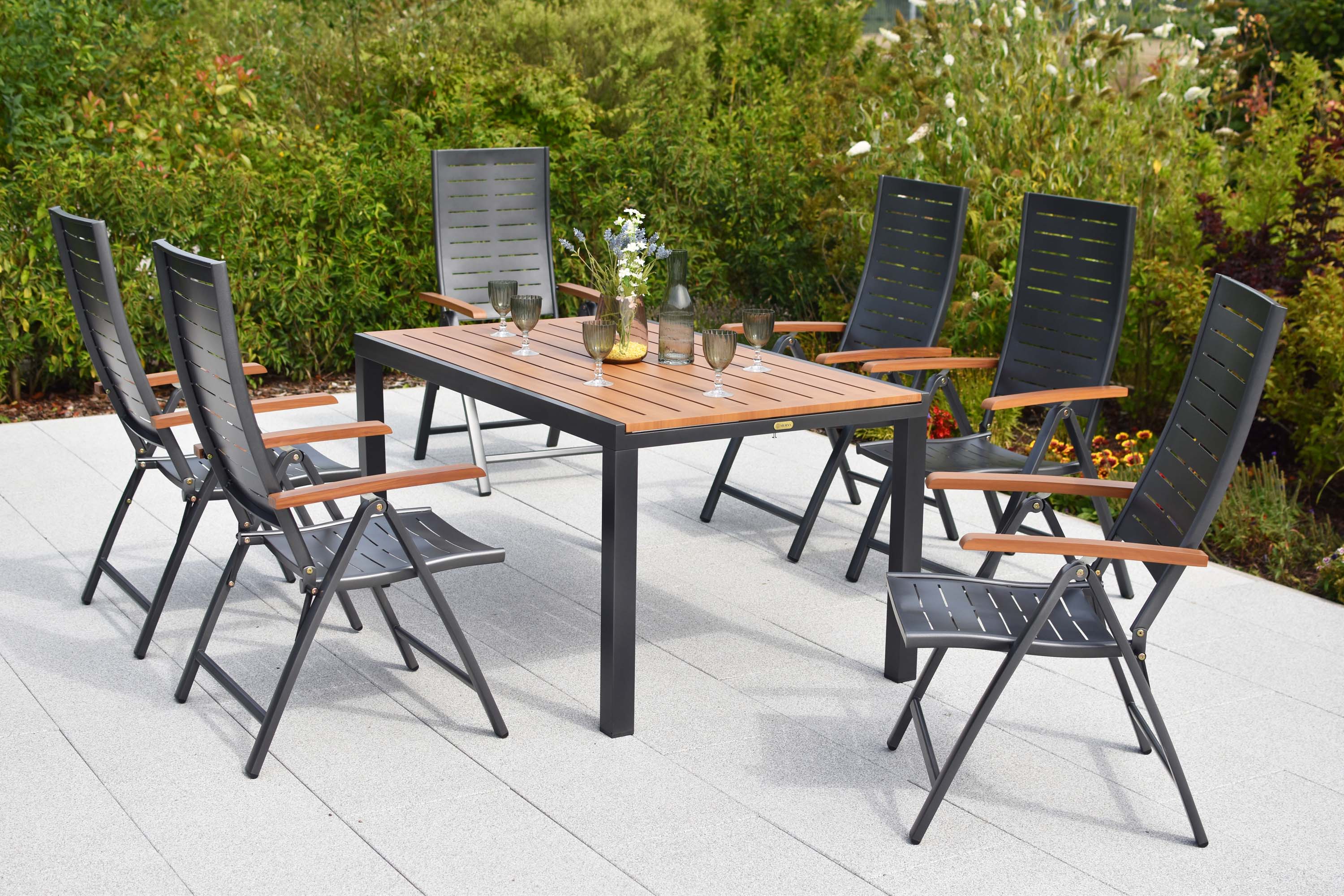 Tinos Set 7tlg., 6 Klappsessel, Ausziehtisch 150 (200) x 90 cm