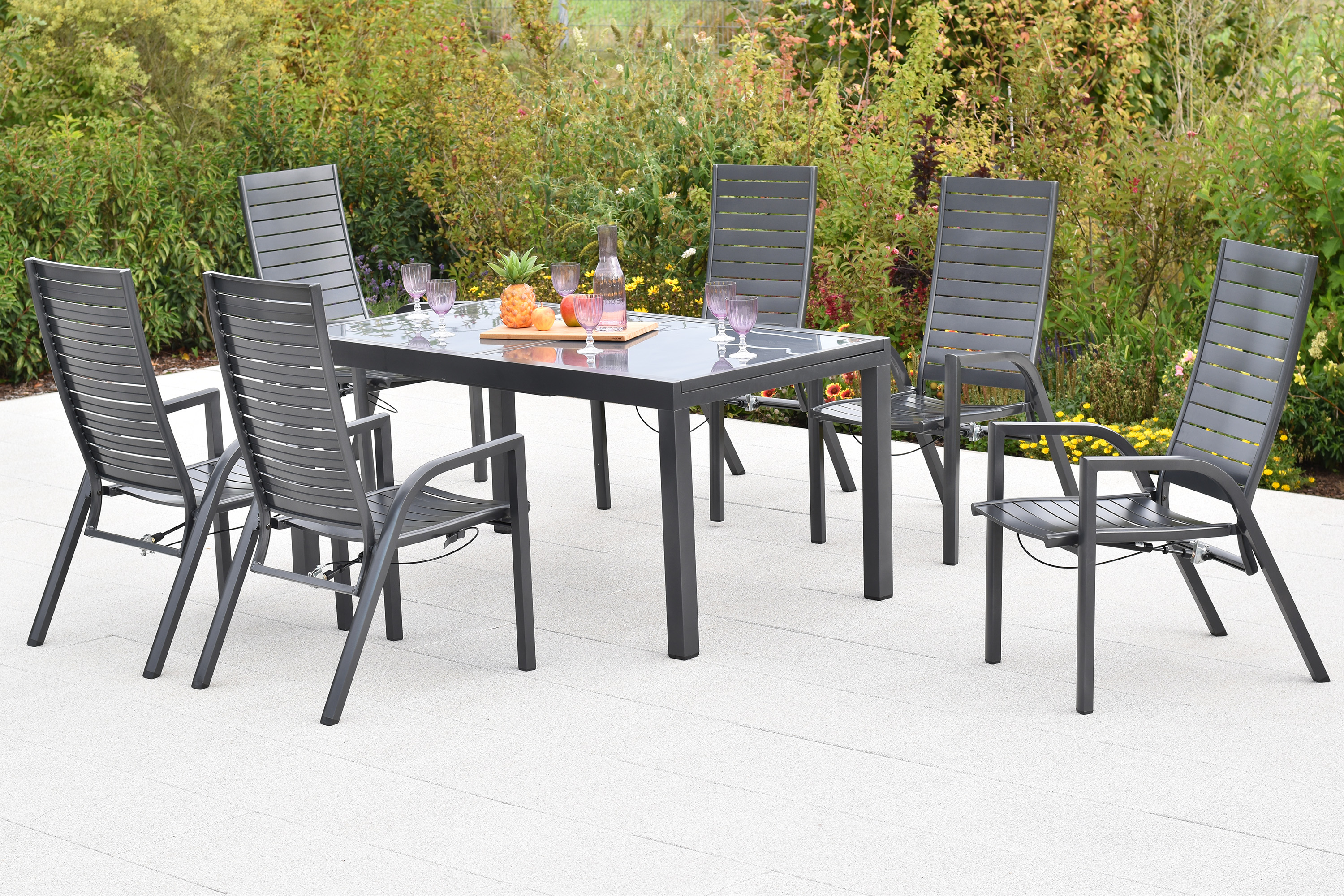 Siros Set, 7tlg., Ausziehtisch, 150/210 x 90 cm, graue Glasplatte Siros Set, 7tlg., Ausziehtisch, 150/210 x 90 cm, graue Glasplatte