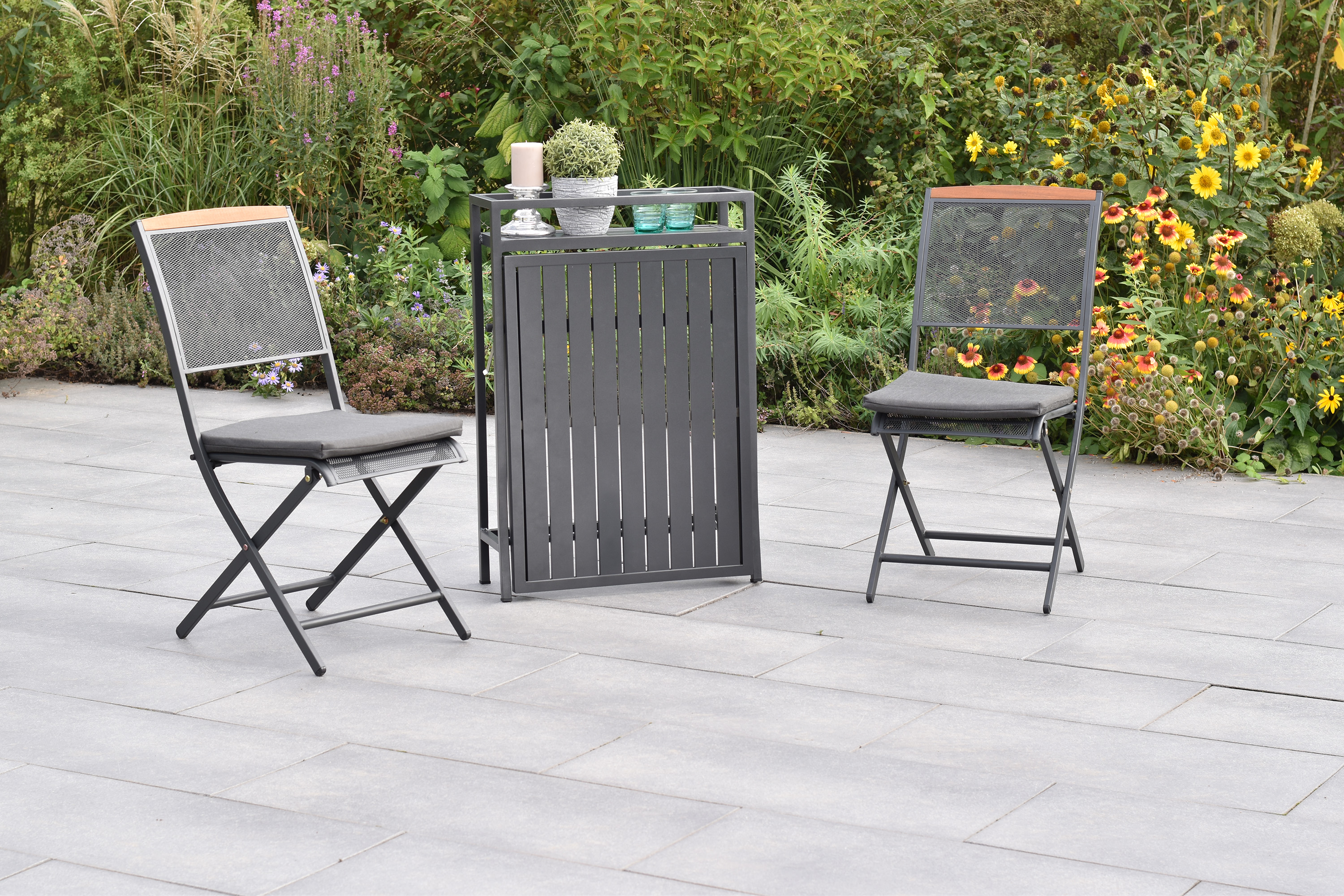 Patmos Set, 5tlg., inkl. Kissen, Balkonklapptisch, 23/91 x 60 cm, Tischplatte aus Aluminium Patmos Set, 5tlg., inkl. Kissen, Balkonklapptisch, 23/91 x 60 cm, Tischplatte aus Aluminium