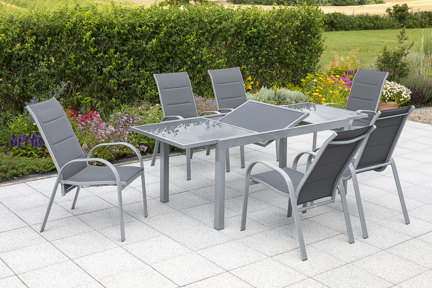 50353-309-2 Amalfi Set, 7 tlg., 6 Stapelsessel, Ausziehtisch 160/220 x 90 cm, grau