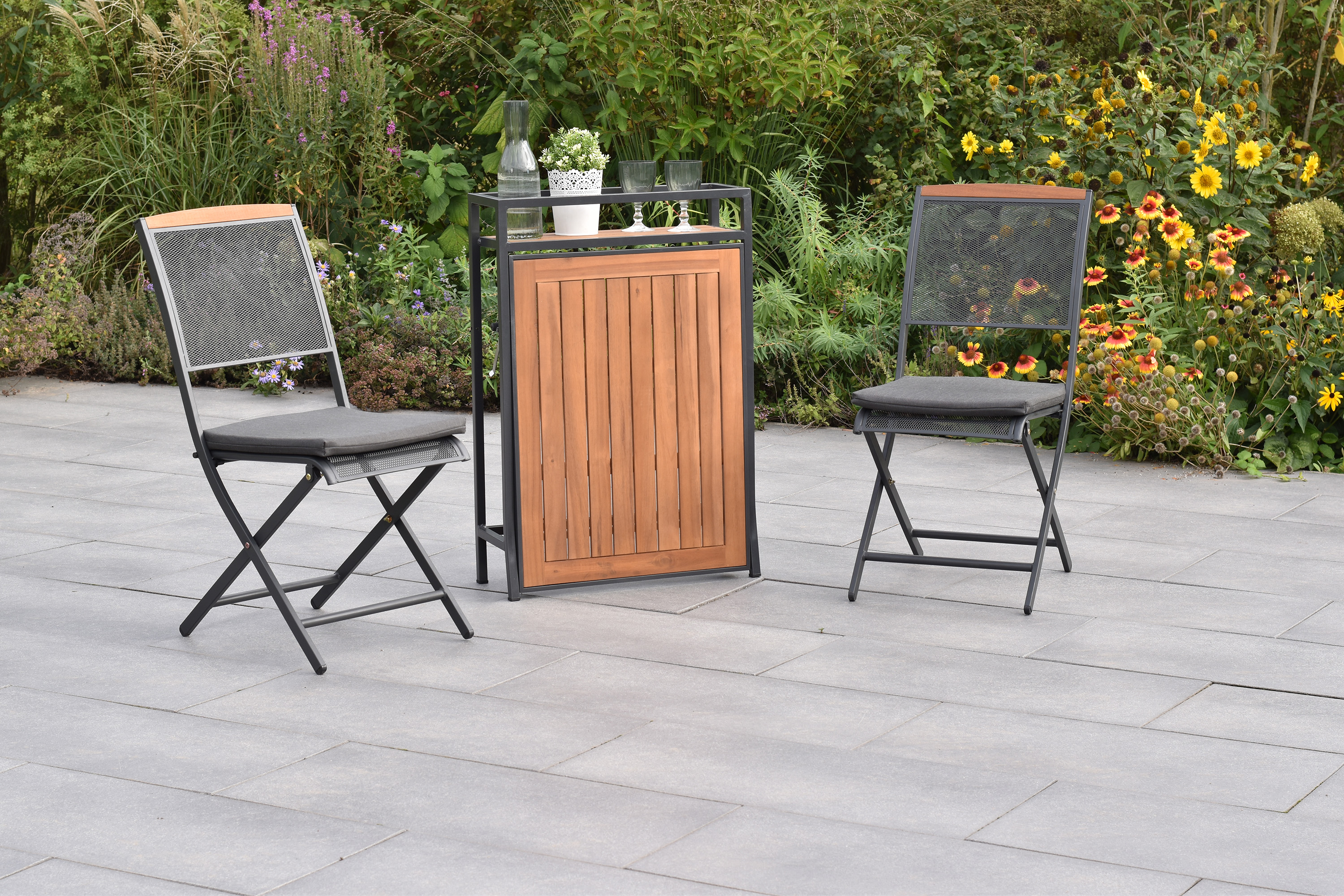 Patmos Set, 5tlg., inkl. Kissen, Balkonklapptisch, 91 x 60 cm, Tischplatte aus Akazienholz Patmos Set, 5tlg., inkl. Kissen, Balkonklapptisch, 91 x 60 cm, Tischplatte aus Akazienholz