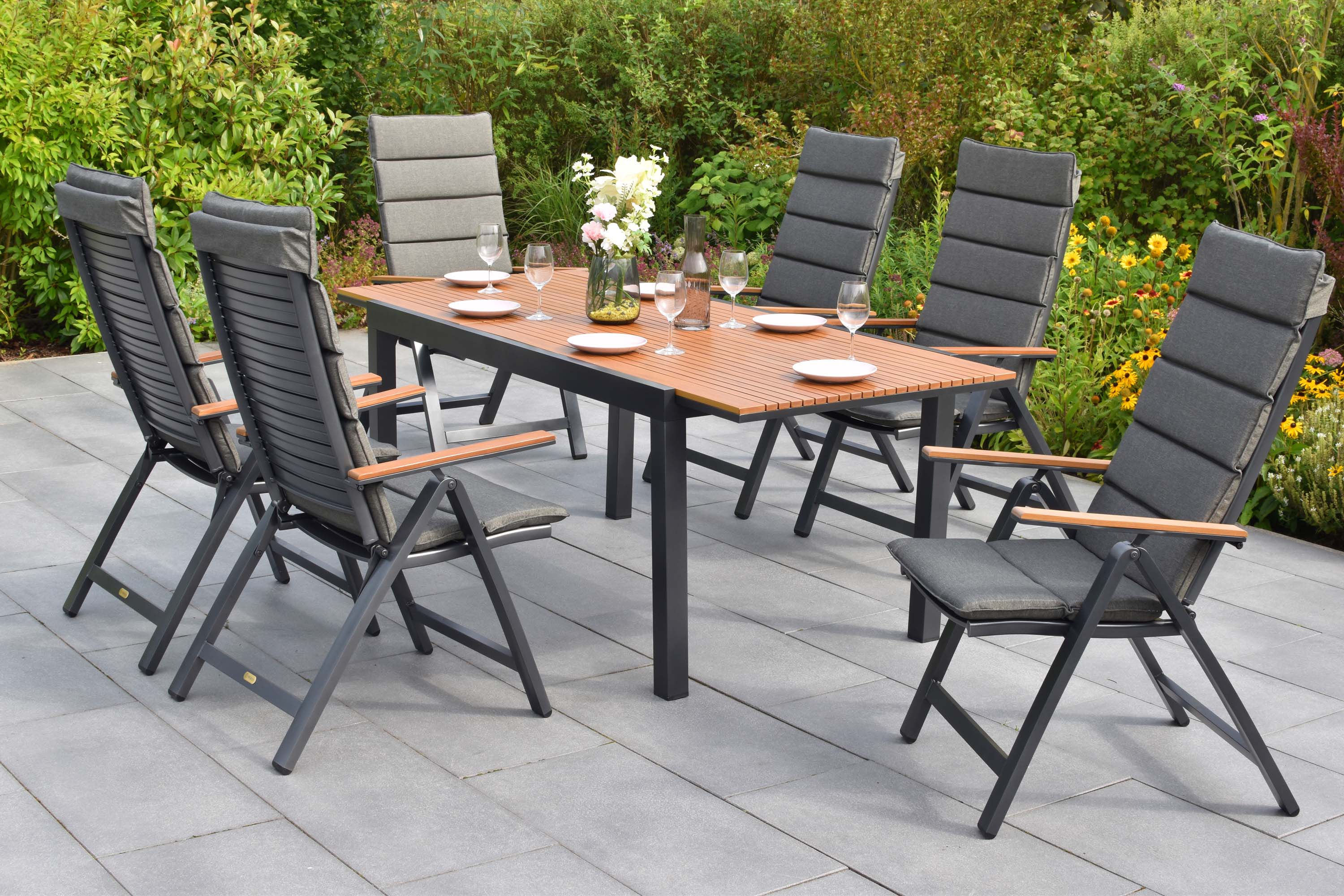 Astros Set 13tlg., 6 Klappsessel, Ausziehtisch, 150 (200) x 90 cm, inkl. Kissen